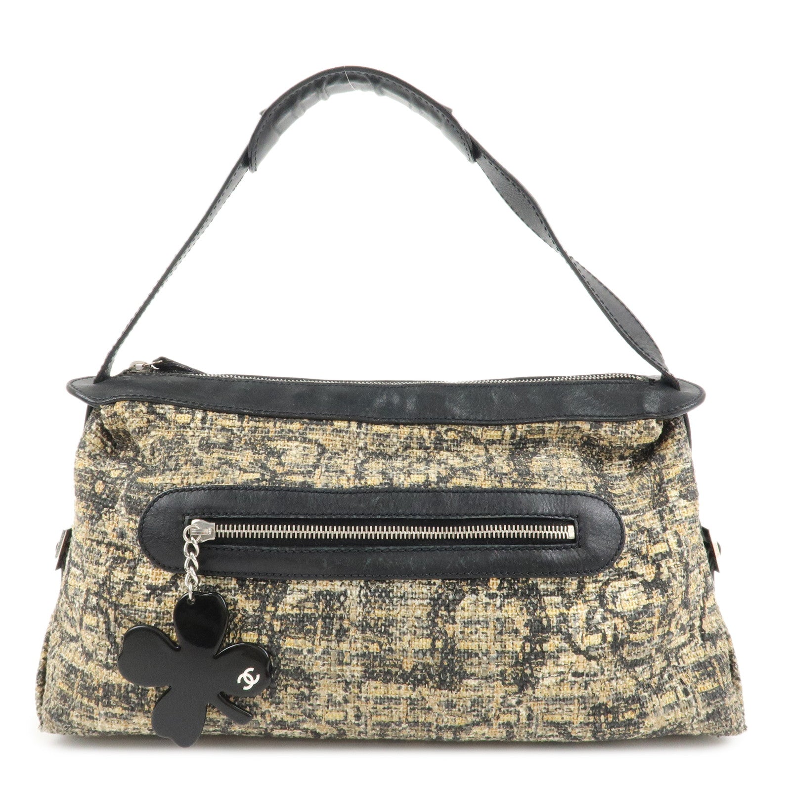 CHANEL COCO Mark Lamb Skin Tweed Shoulder Bag Hand Bag Black Silver HDW Used