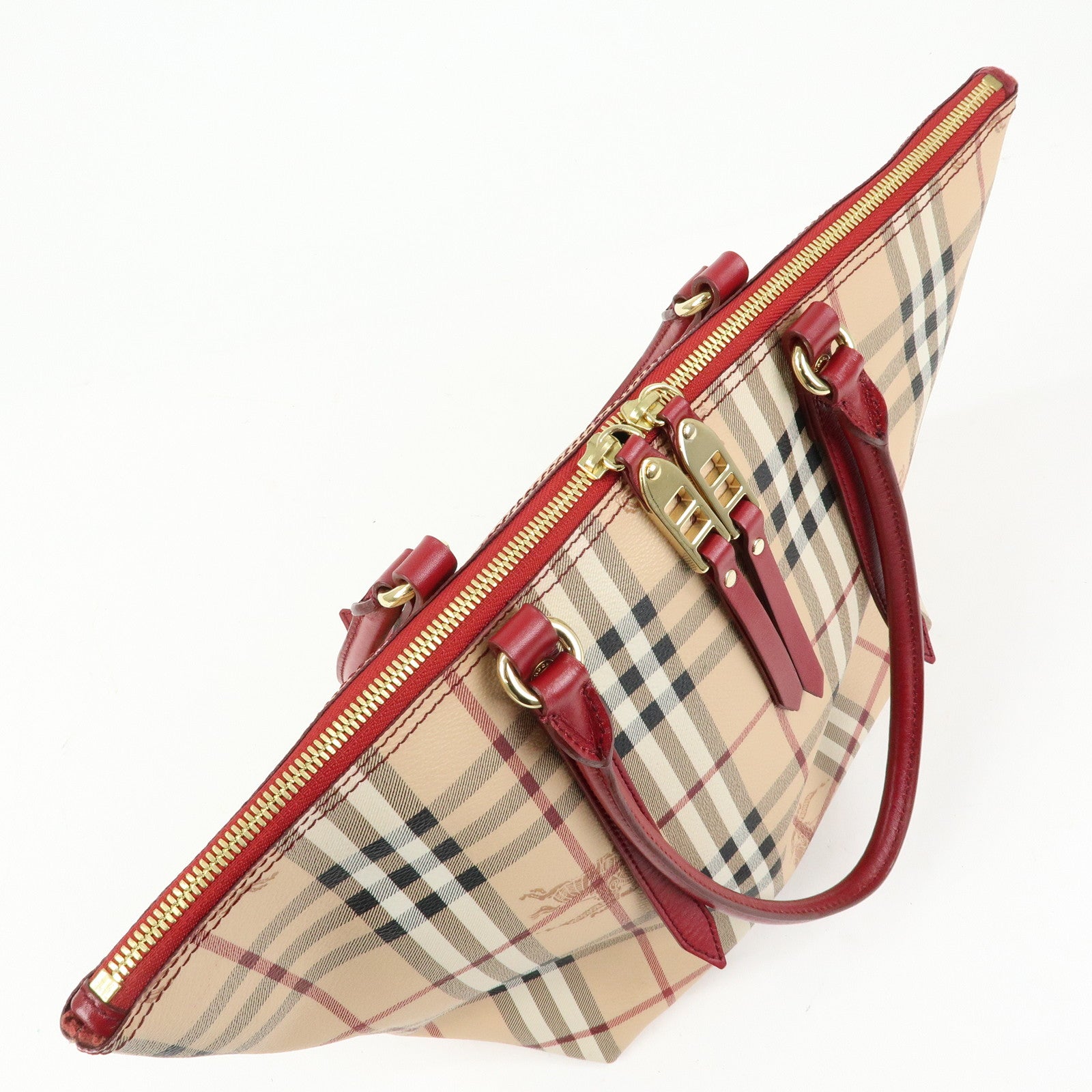 BURBERRY Nova Plaid PVC Leather Tote Bag Hand Bag Beige Red