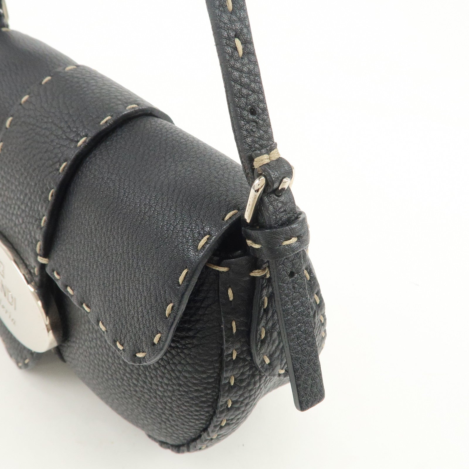 FENDI Seleria Leather Hand Bag Shoulder Bag Black 8BR430