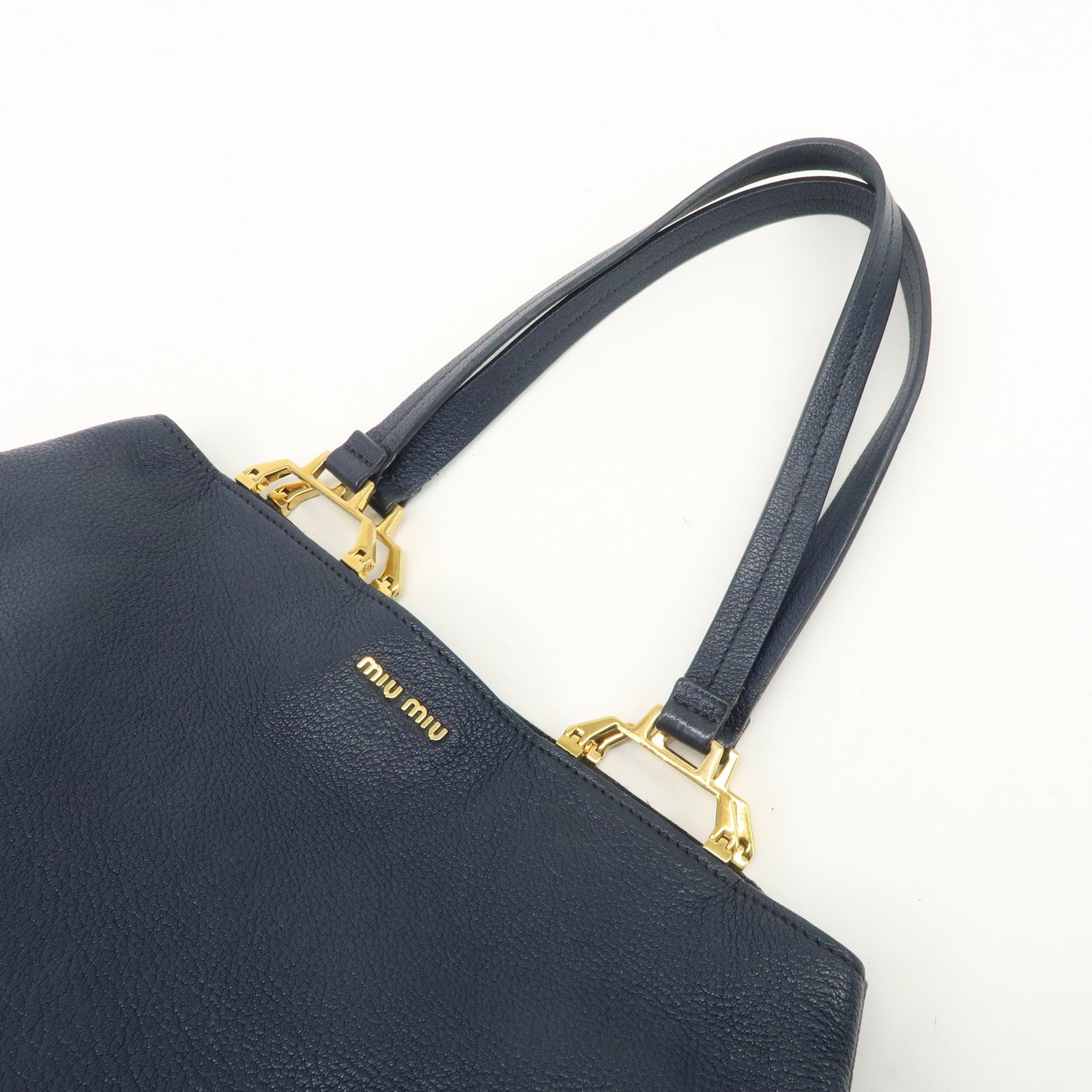 MIUMIU Logo Madras Leather Hand Bag Tote Bag Navy Gold Hardware Used