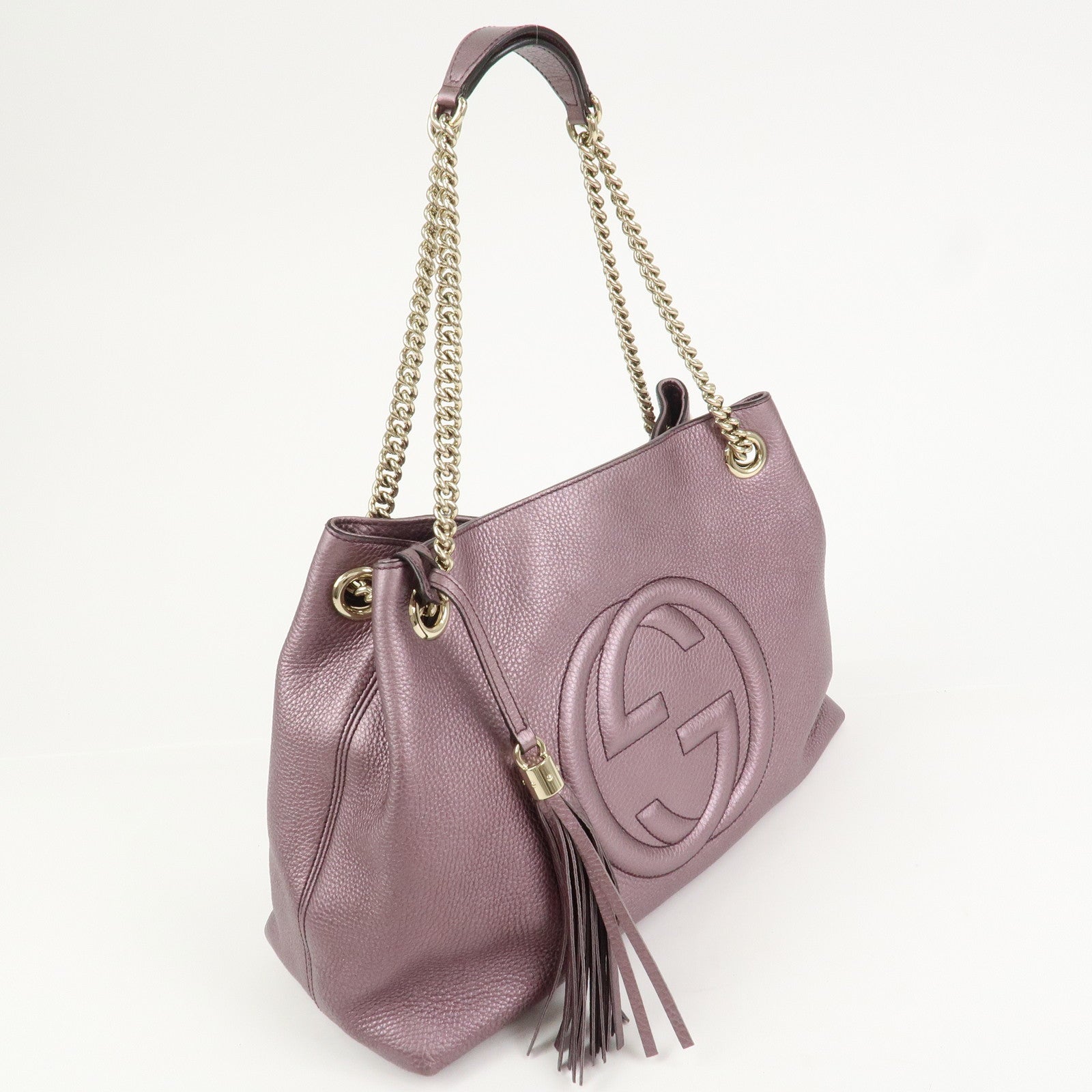 GUCCI SOHO Logo Leather Chain Shoulder Bag Metallic Purple 308982