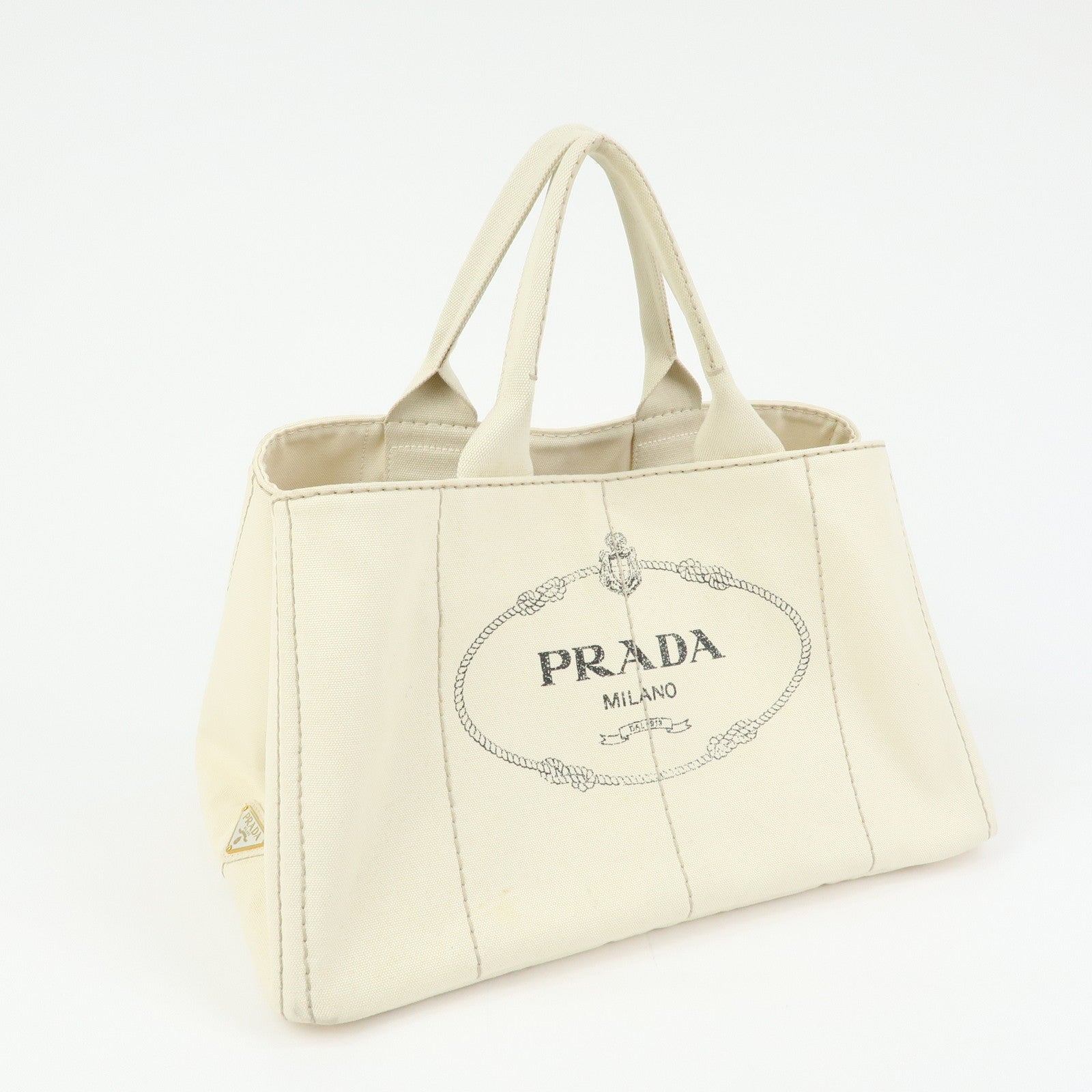PRADA Canapa Large Triangle Logo Tote Hand Bag Ivory BN1872