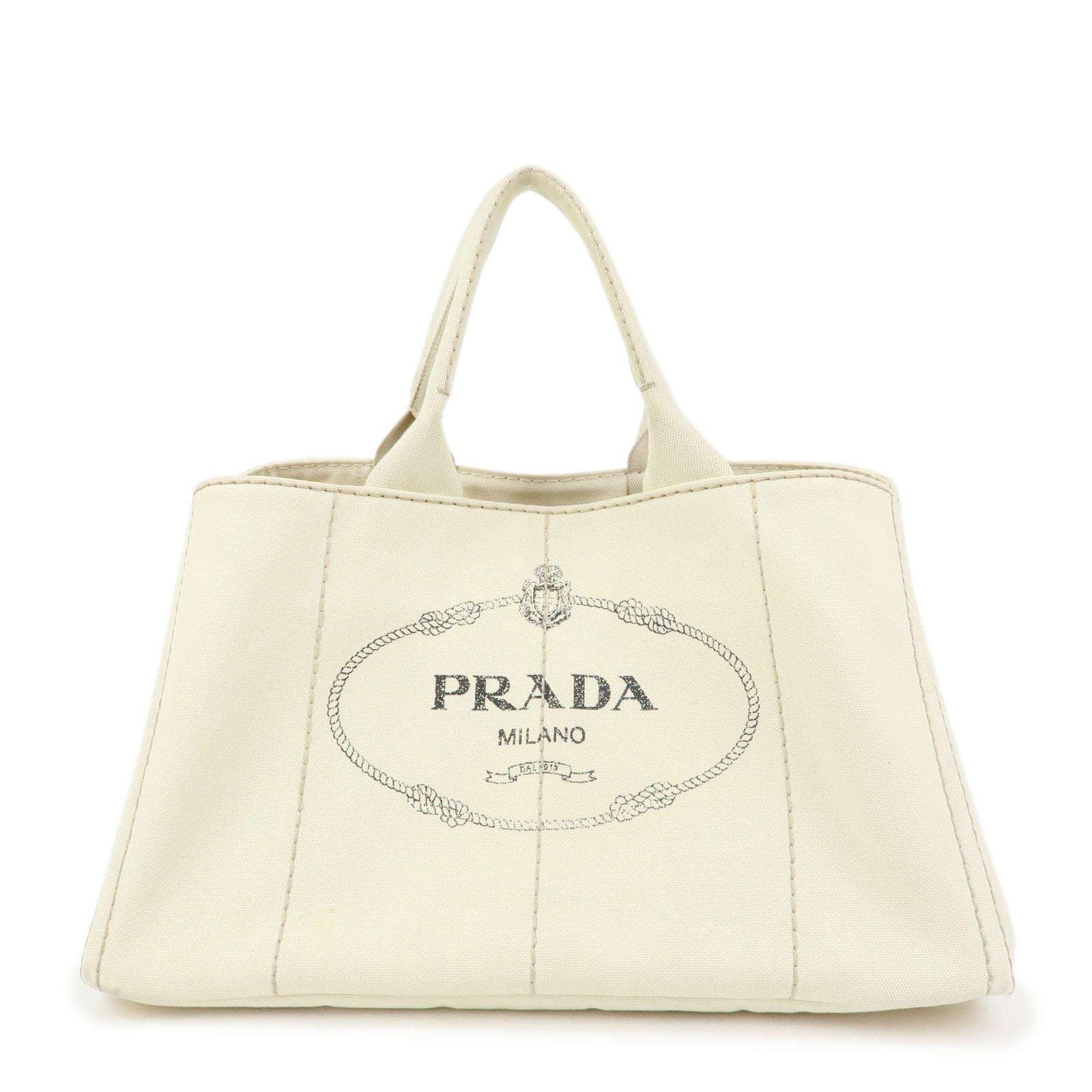 PRADA Canapa Large Triangle Logo Tote Hand Bag Ivory BN1872