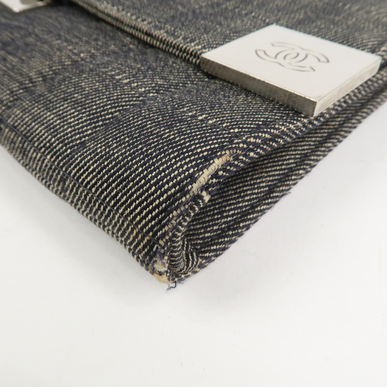 CHANEL Chocolate Bar Denim Leather Chain Shoulder Hand Bag Black