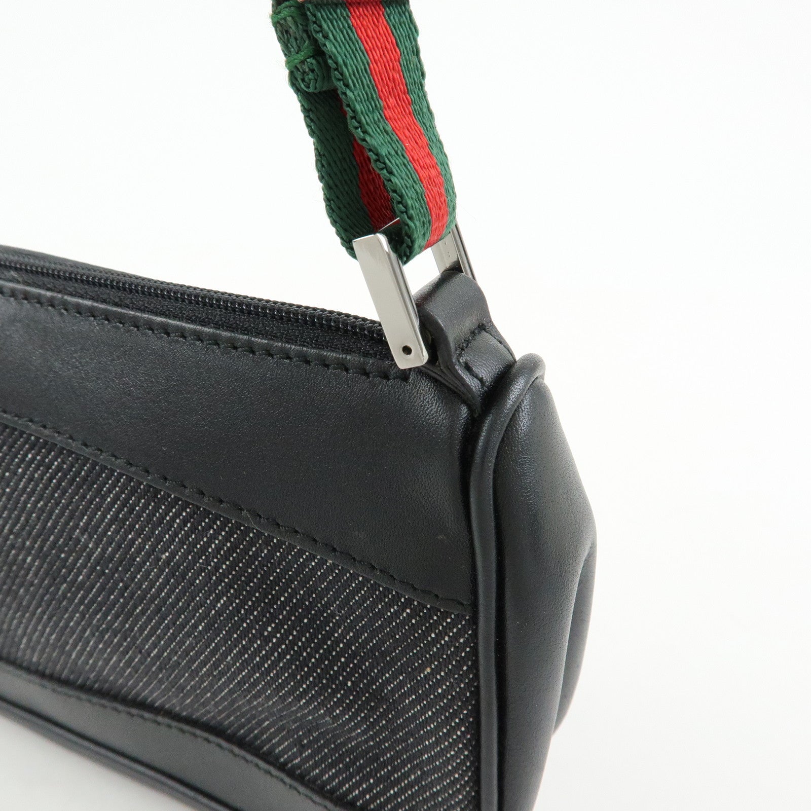 GUCCI Sherry Denim Leather Accessory Pouch Hand Bag Black 92820