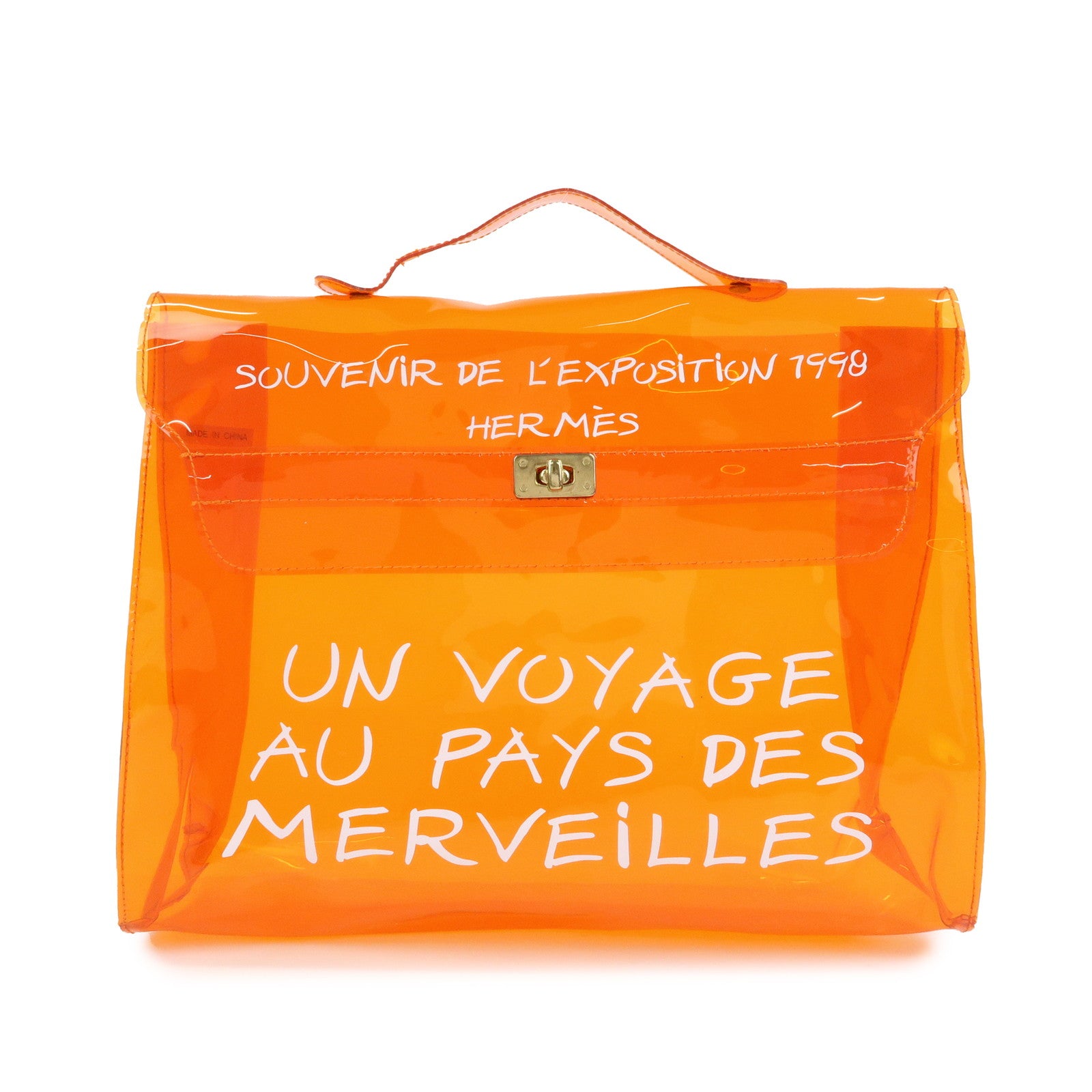 HERMES Kelly Vinyl Hand Bag Clear Transparent Orange