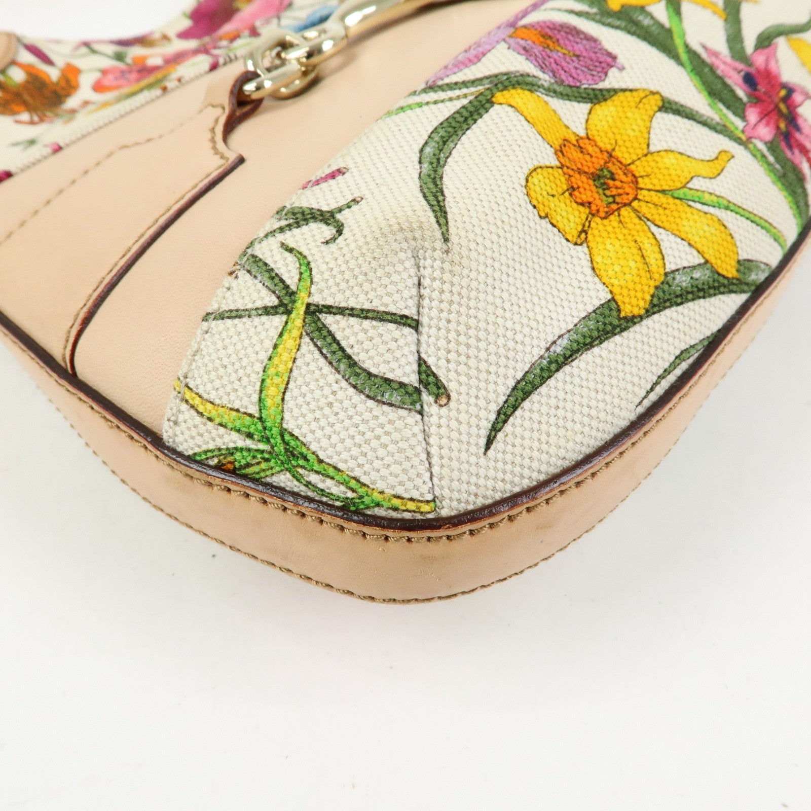 GUCCI Horsebit Flora Leather Canvas Shoulder Bag Beige White 137388