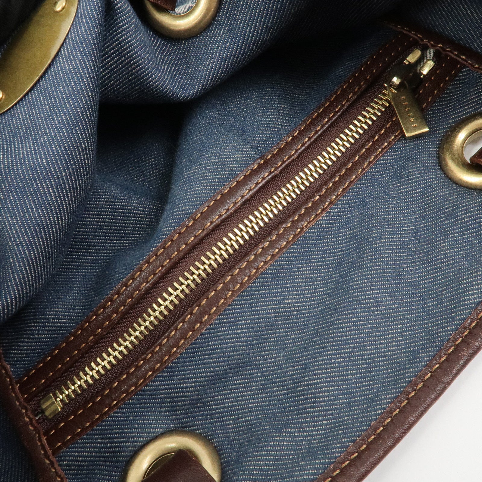 CELINE Macadam Denim Leather Tote Bag Shoulder Bag Blue Brown