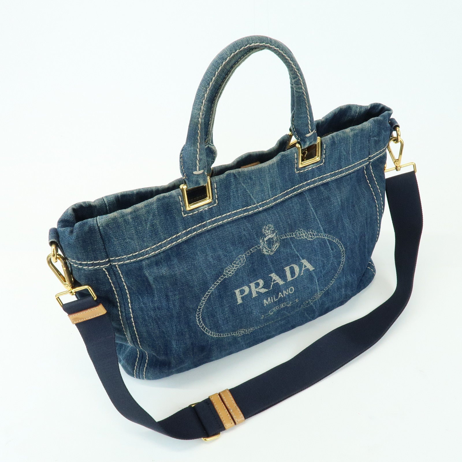 PRADA Triangle Logo Denim 2Way Bag Hand Shoulder Bag Blue BN2069
