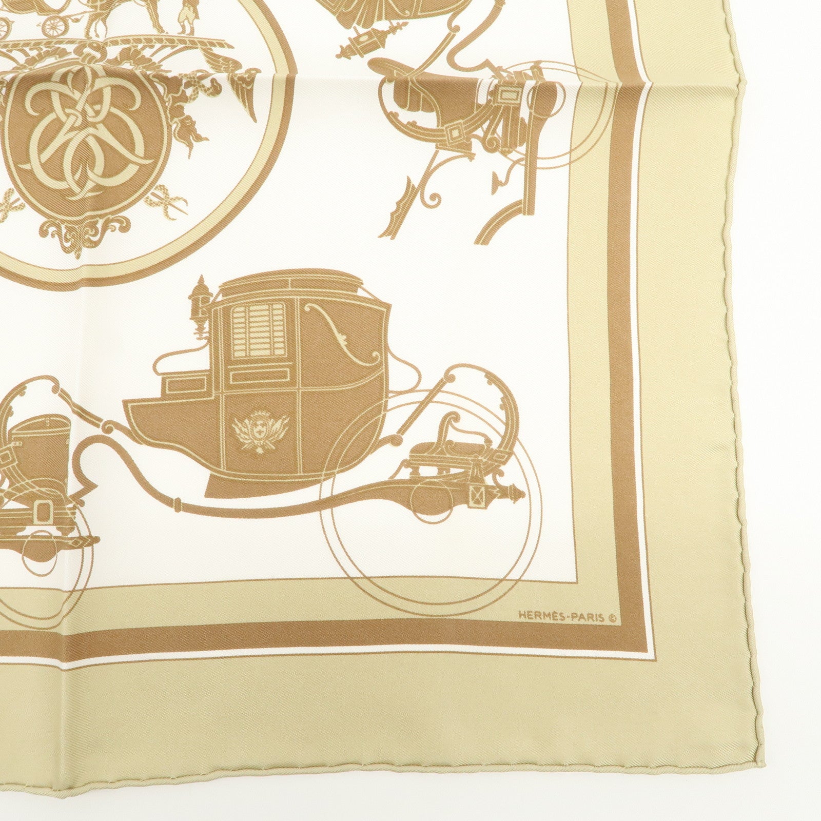 HERMES Carre 40 Silk 100% Scarf EX-LIBRIS Beige White