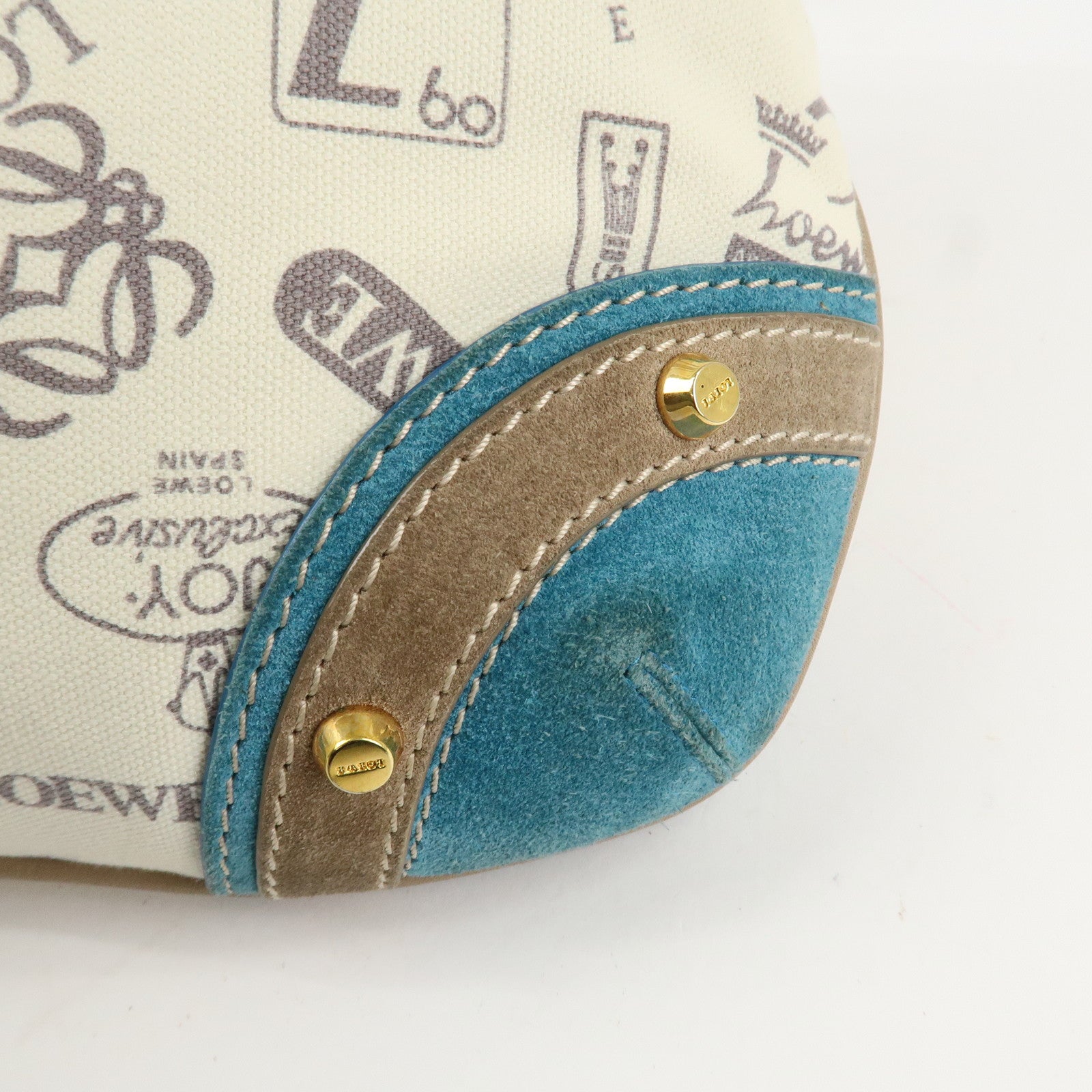 LOEWE Anagram Canvas Suede Leather Shoulder Bag Beige Blue Used