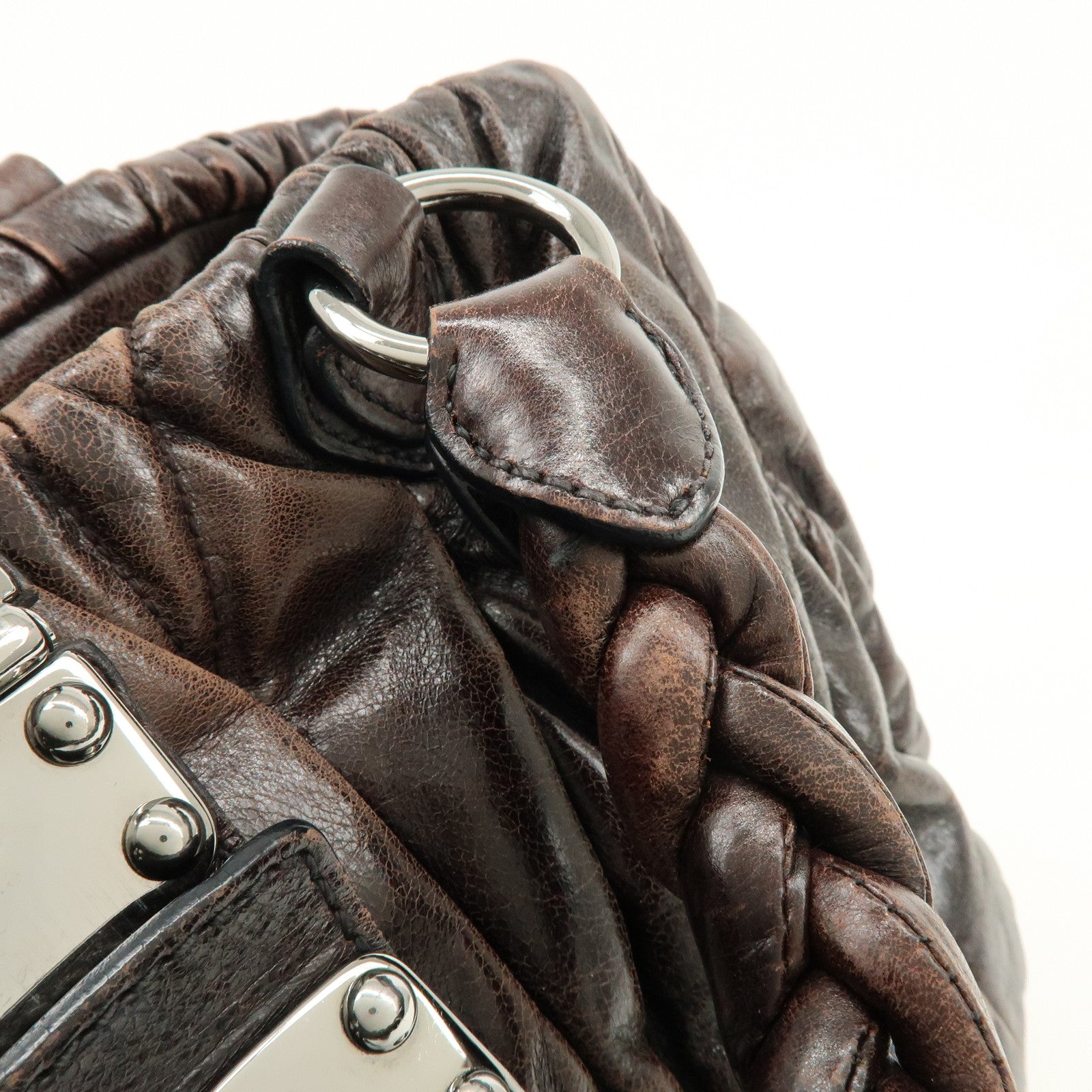 MIU MIU Matelasse Leather 2Way Bag Hand Bag Shoulder Bag Dark Brown