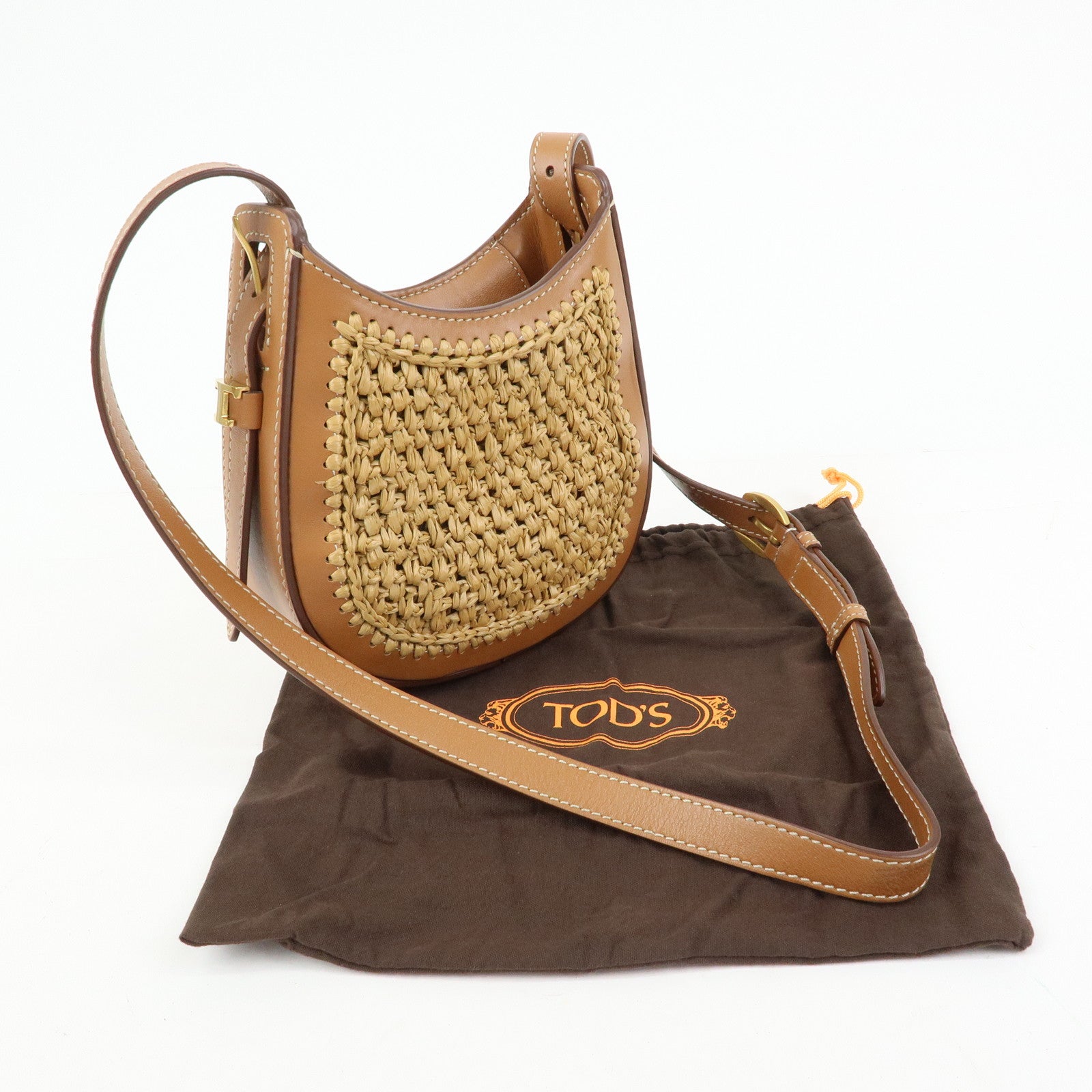 TOD'S Oboe Raffia Leather Shoulder Bag Crossbody Bag Beige Brown