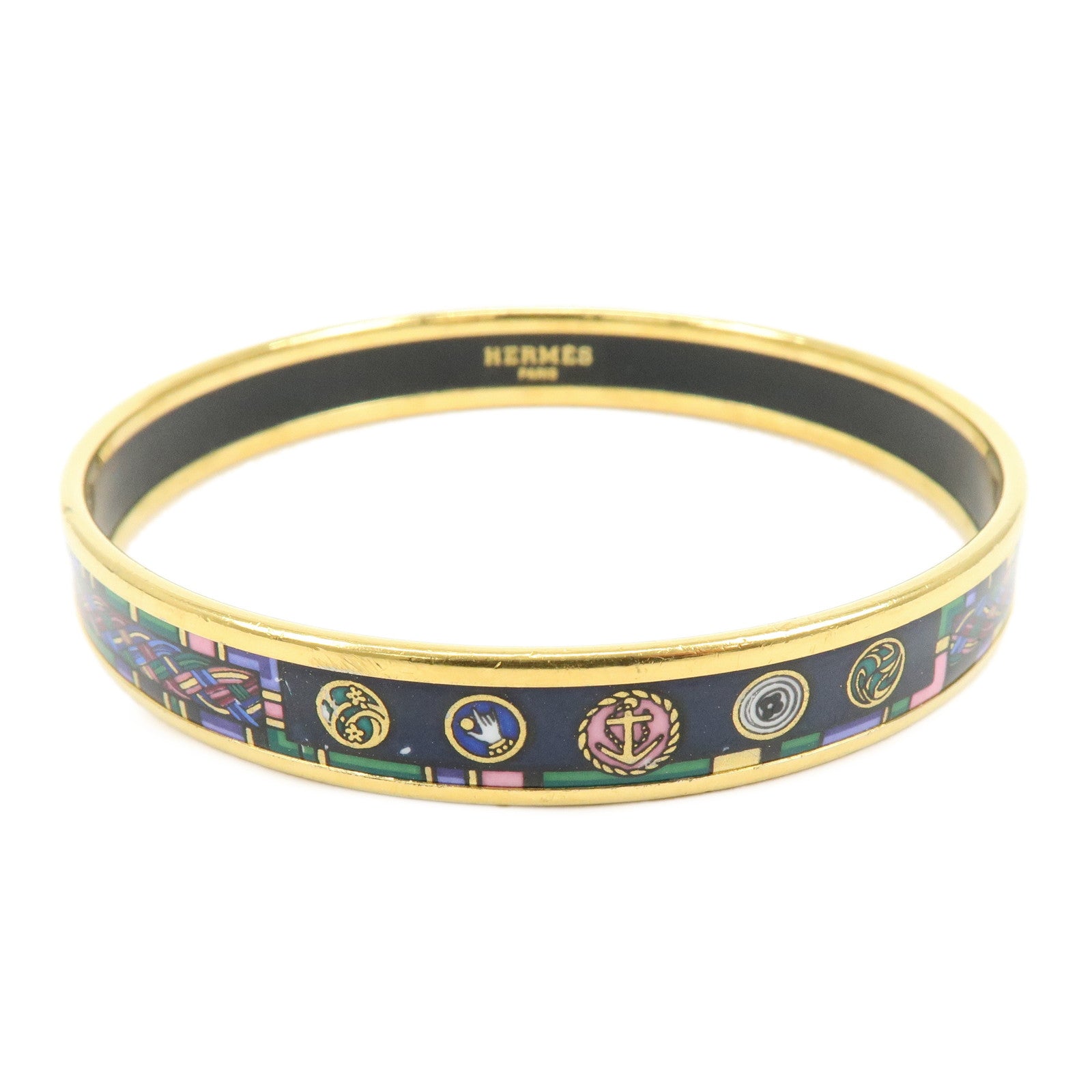 HERMES Email PM Gold Plated Bangle Bracelet Dark Navy Multicolor
