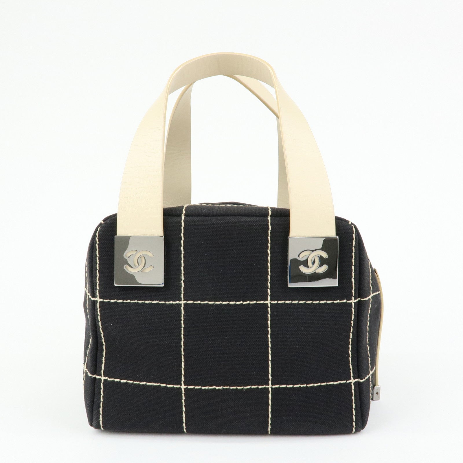 CHANEL Chocolate Bar Canvas Leather Hand Bag Black Ivory