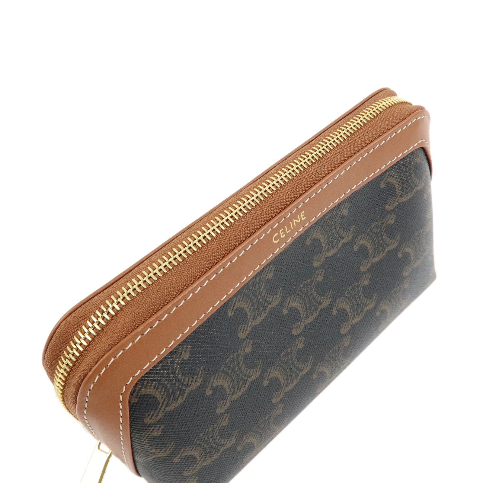 CELINE Triomphe PVC Calf Leather Cosmetic Pouch Tan Dark Brown