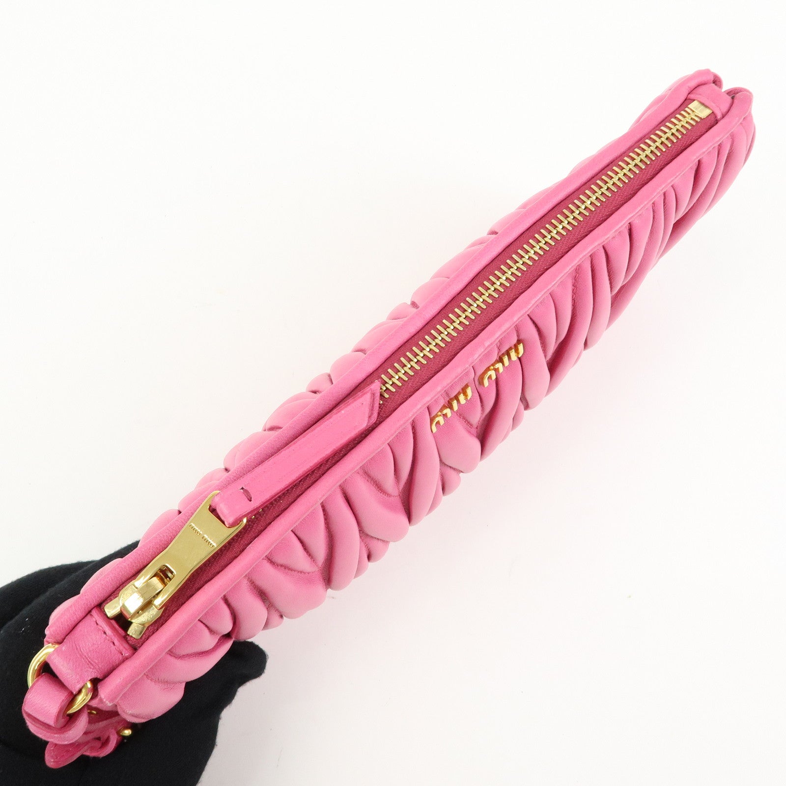 MIU MIU Matelasse Nappa Leather Clutch Bag Wristlet Bag Pink 5N1455