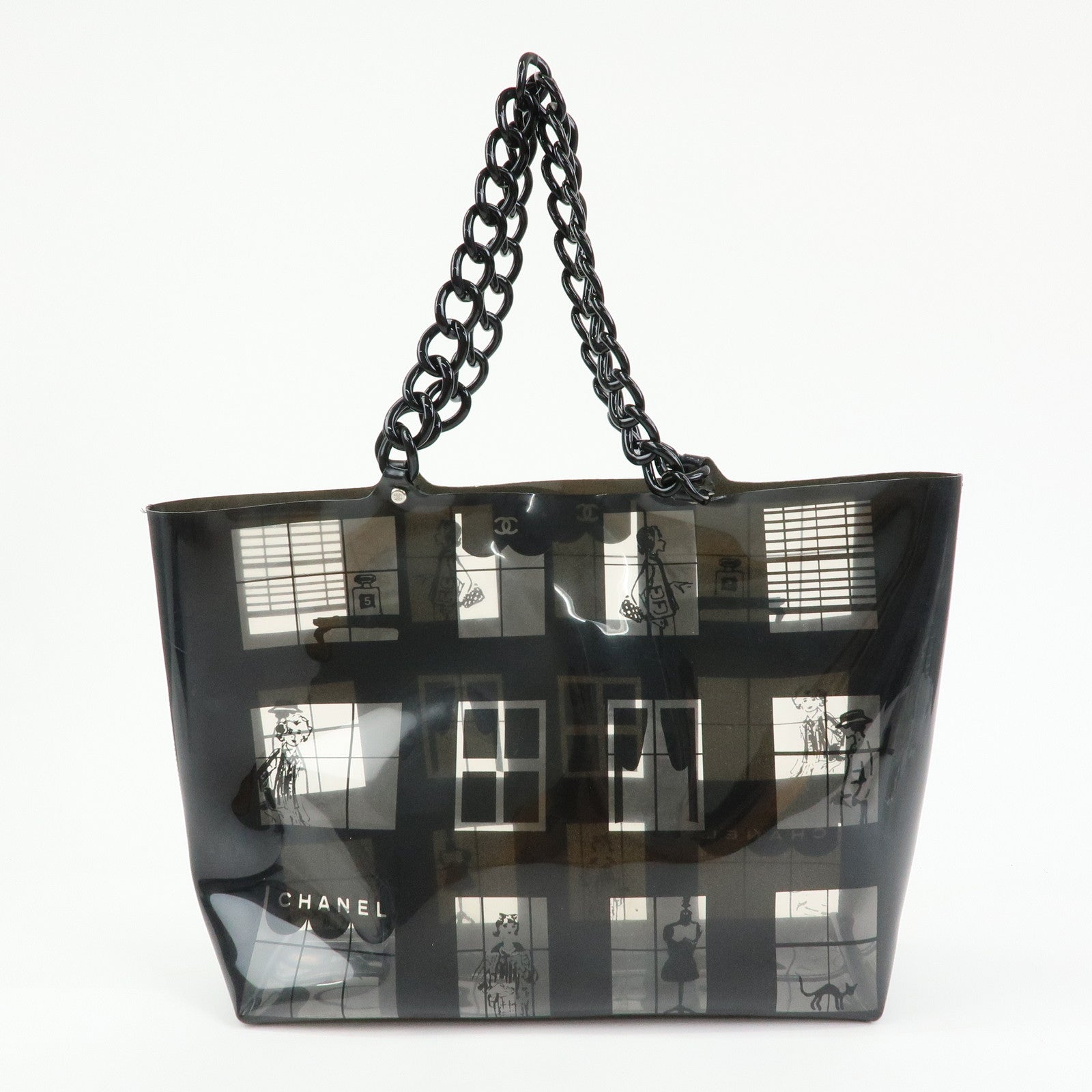CHANEL Windows Line COCO Mark Vinyl Plastic Chain Tote Bag Black