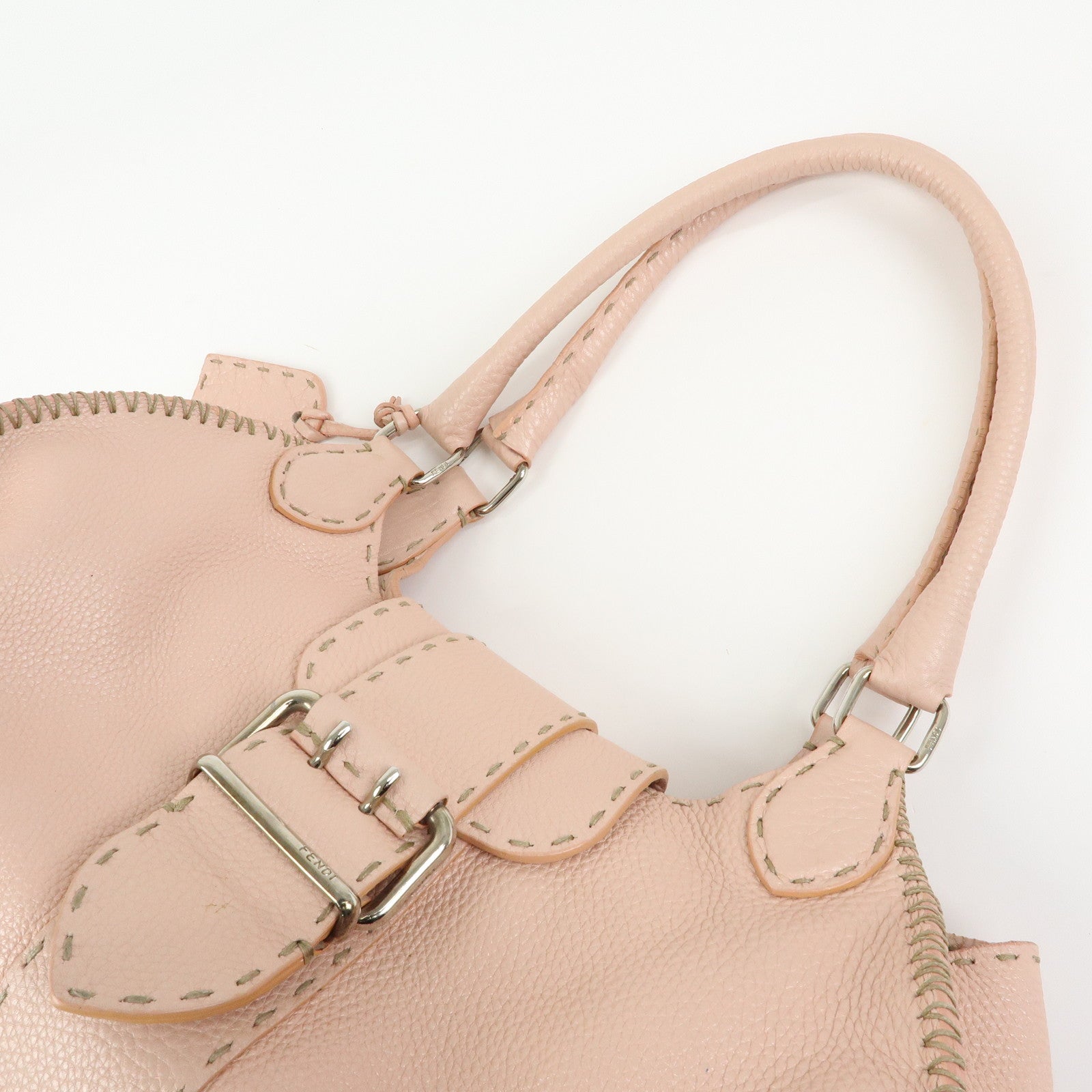 FENDI Selleria Stitches Leather Tote Bag Hand Bag Pink 8BR457