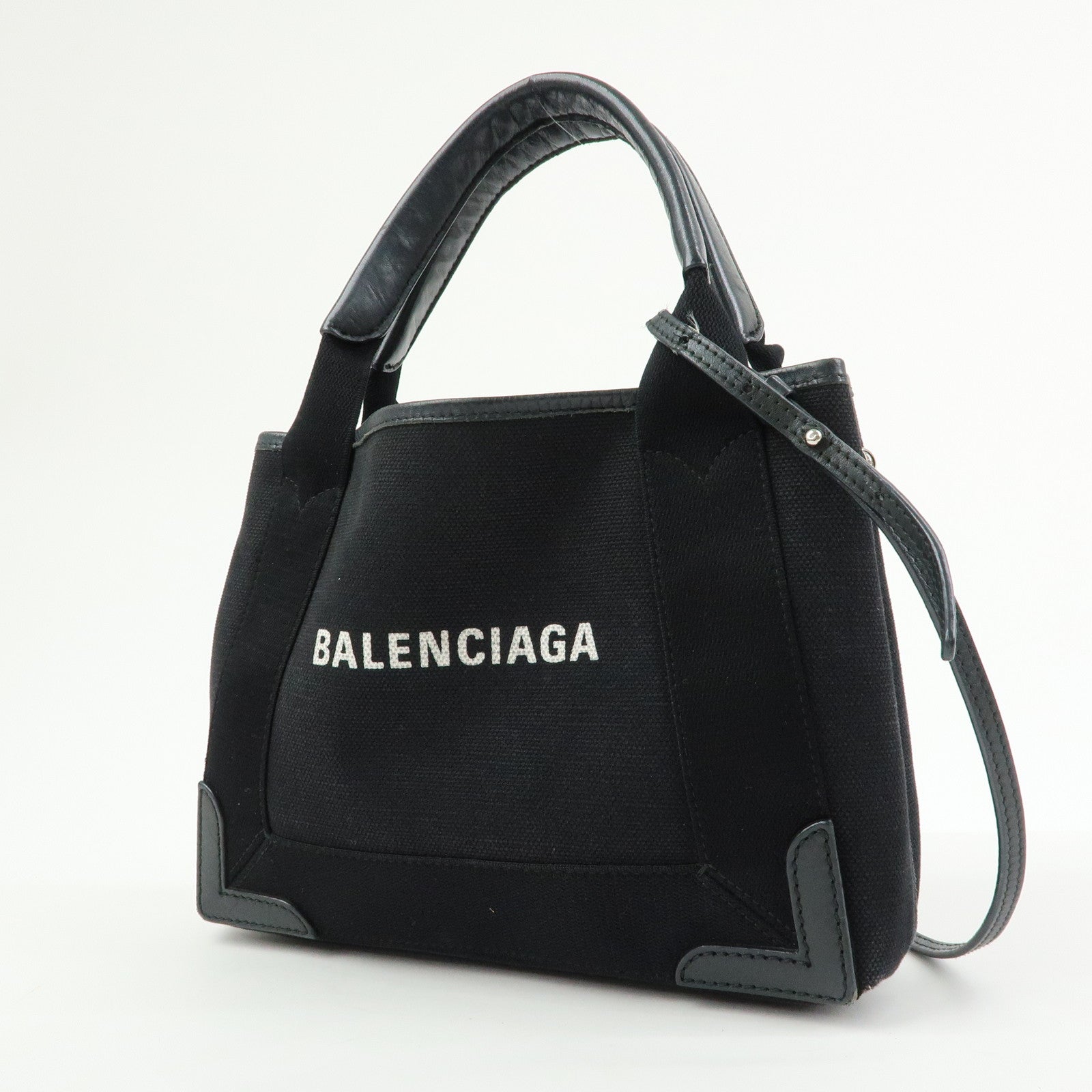 BALENCIAGA Navy Cabas XS Canvas Leather 2Way Bag Black 390346
