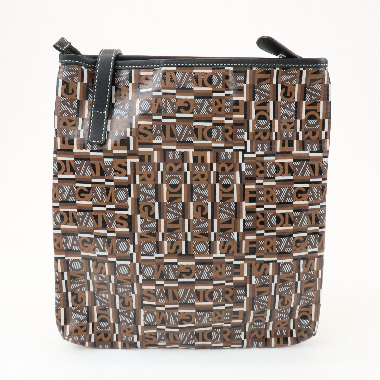 Ferragamo Logo PVC Leather Shoulder Crossbody Bag Brown Black