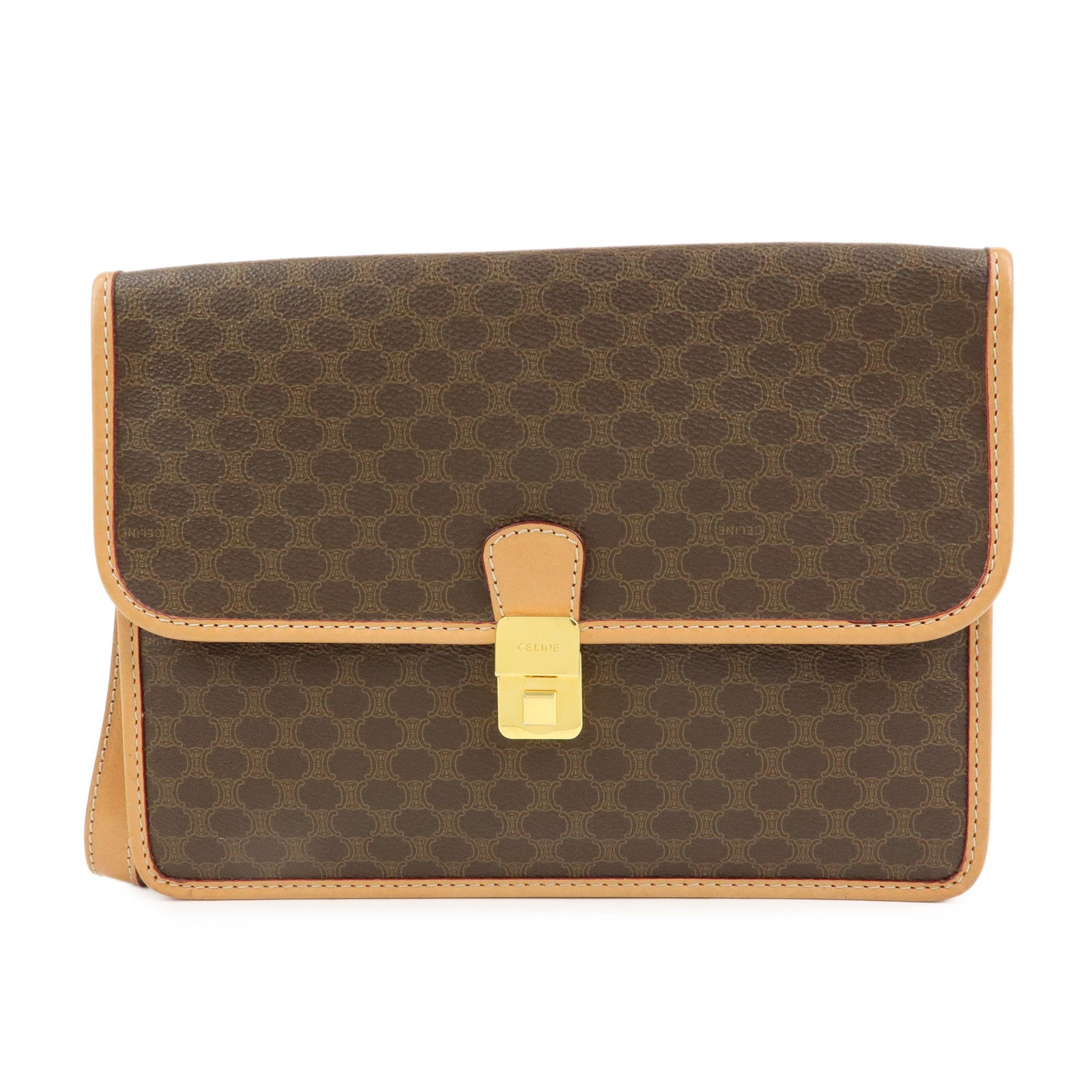 CELINE Logo Macadam PVC Leather Clutch Bag Flat Pouch Brown