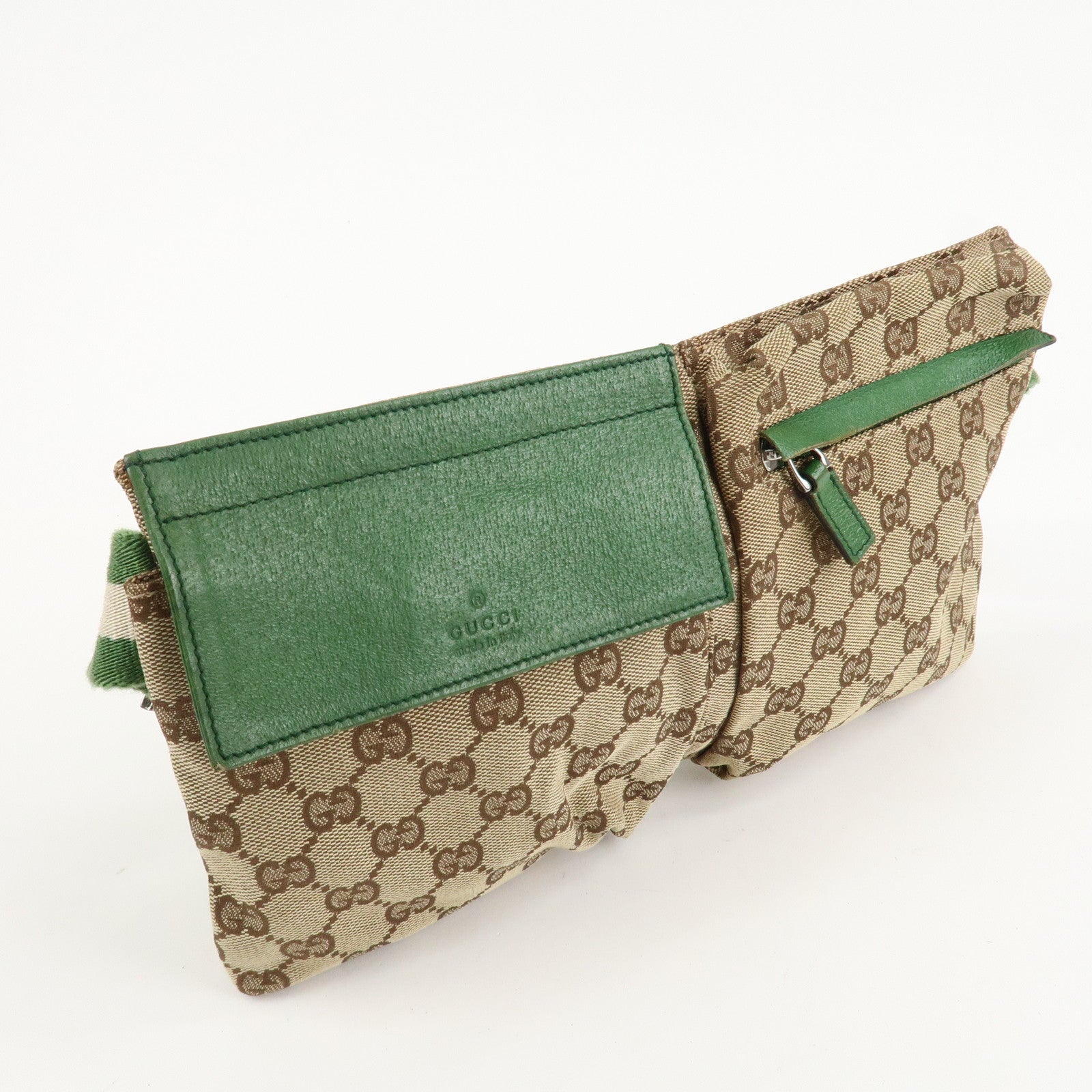 GUCCI GG Canvas Leather Waist Bag Crossbody Bag Beige Green 28566 Used