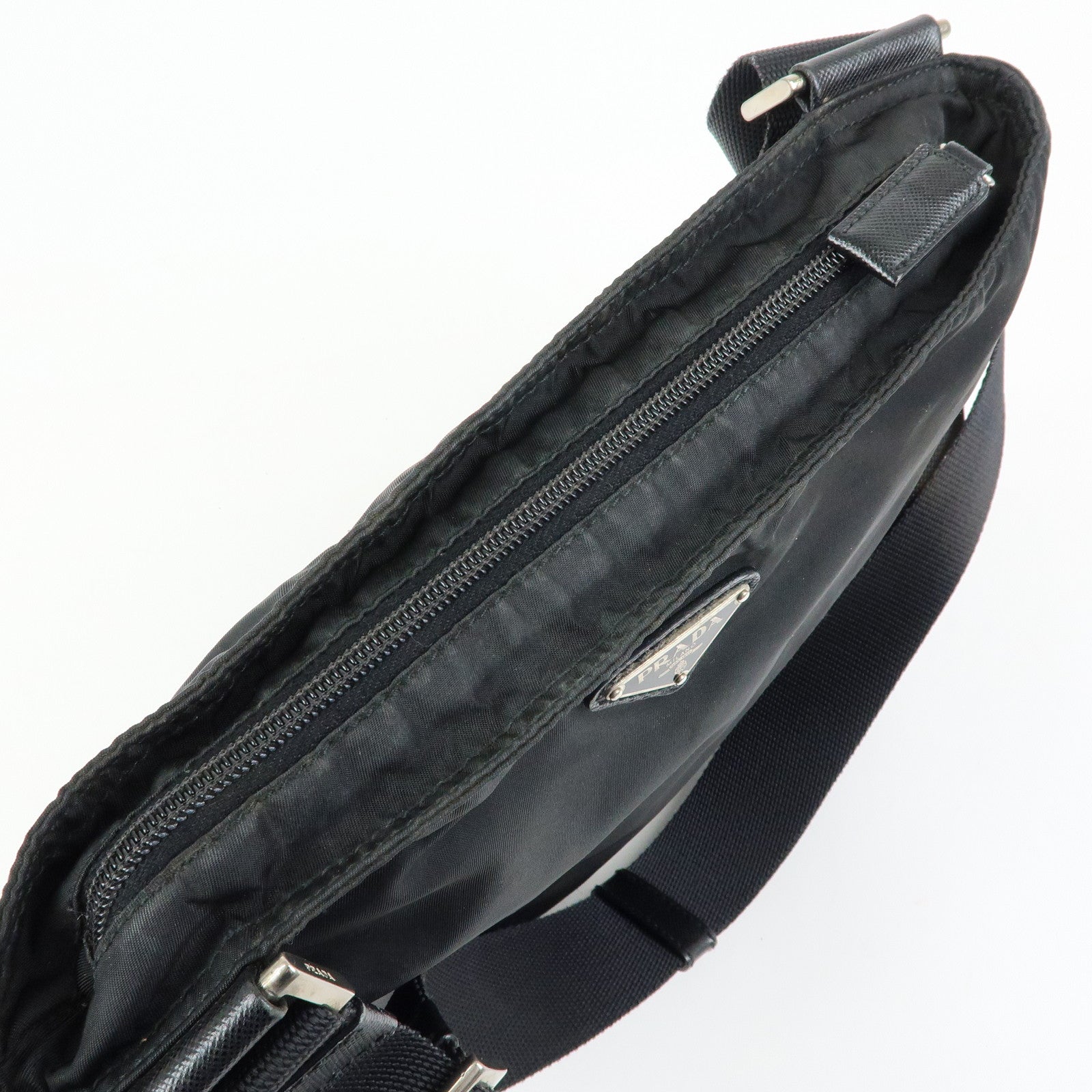 PRADA Triangle Logo Nylon Saffiano Leather Shoulder Bag Black