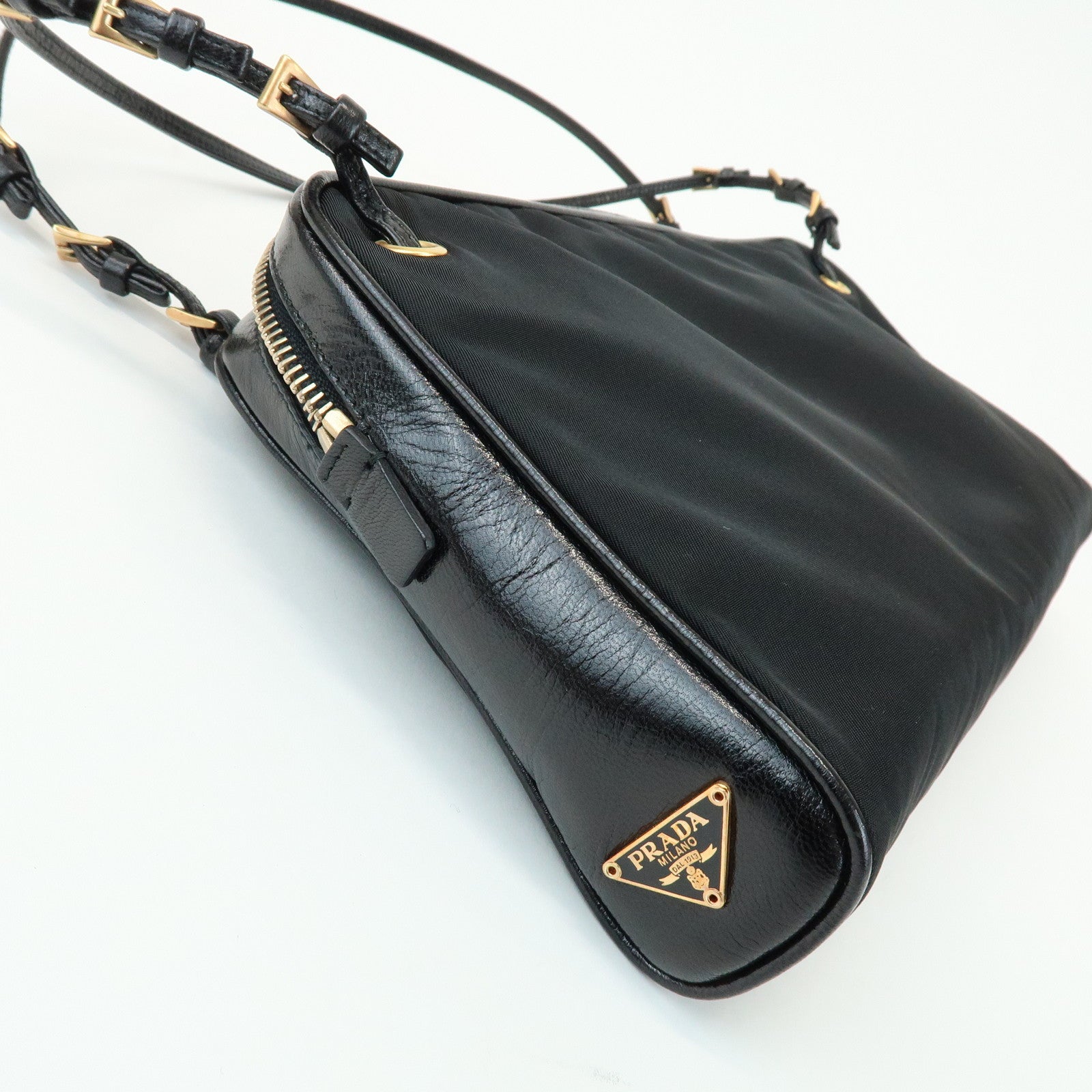 PRADA Triangle Logo Nylon Leather Shoulder Bag Black BN0218