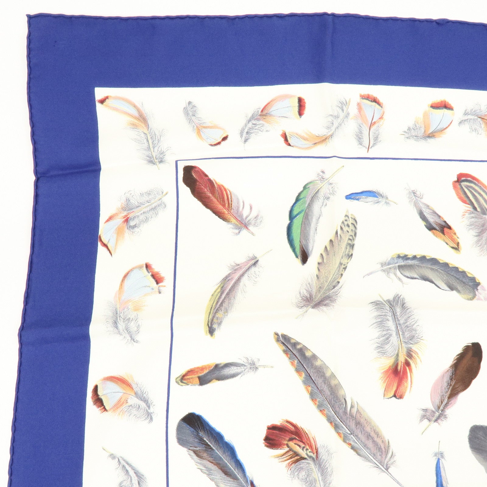 HERMES Carre 90 100% Silk Scarf PLUMES Feather Print Blue White