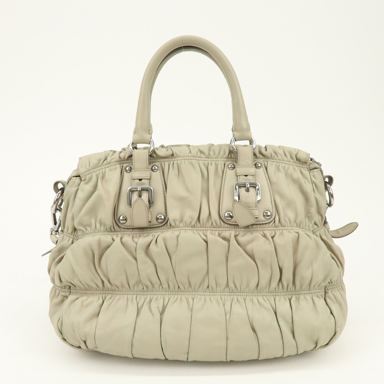 PRADA Leather 2Way Bag Hand Bag Shoulder Bag Beige