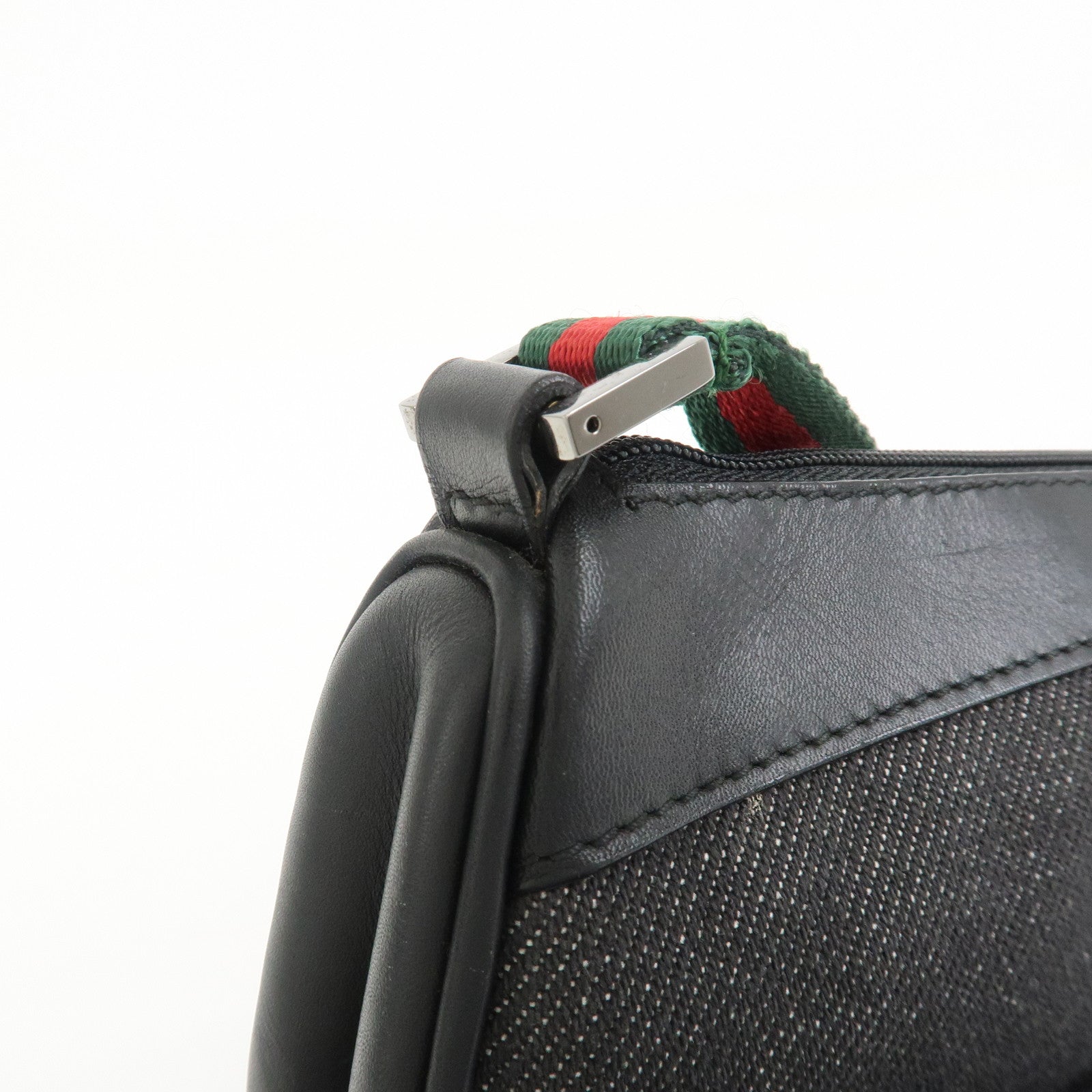 GUCCI Sherry Denim Leather Accessory Pouch Hand Bag Black 92820