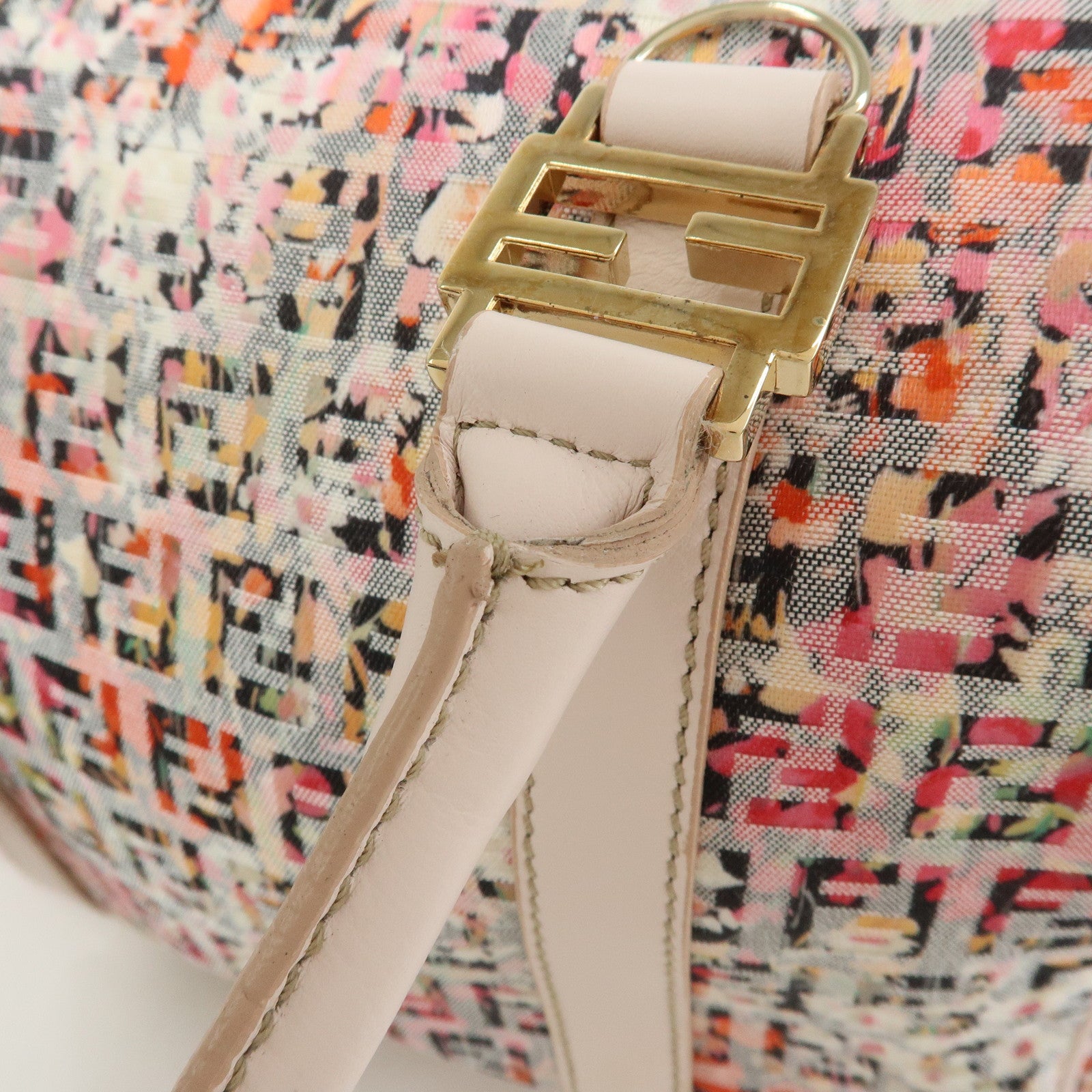 FENDI Zucchino Flower Print Canvas Leather Boston Bag Pink 8BL068
