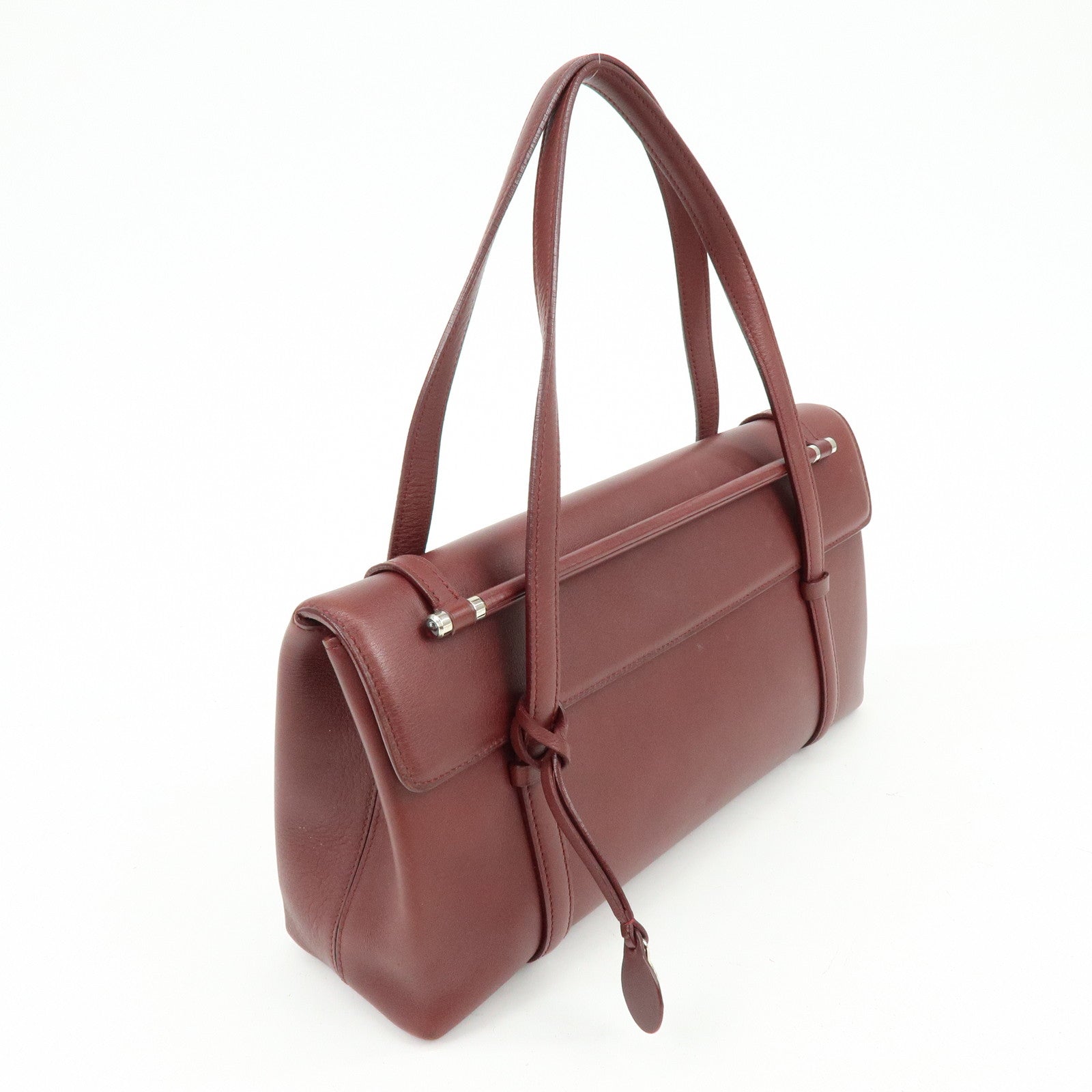 Cartier Cabochon Leather Hand Bag Tote Bag Wine Red