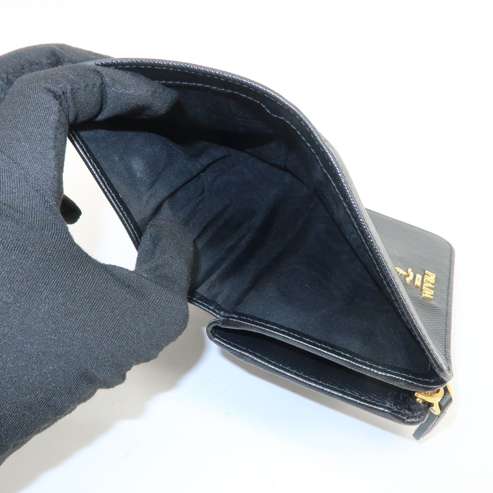 PRADA Logo Saffiano Leather Bi-fold Compact Wallet Black 1M1225