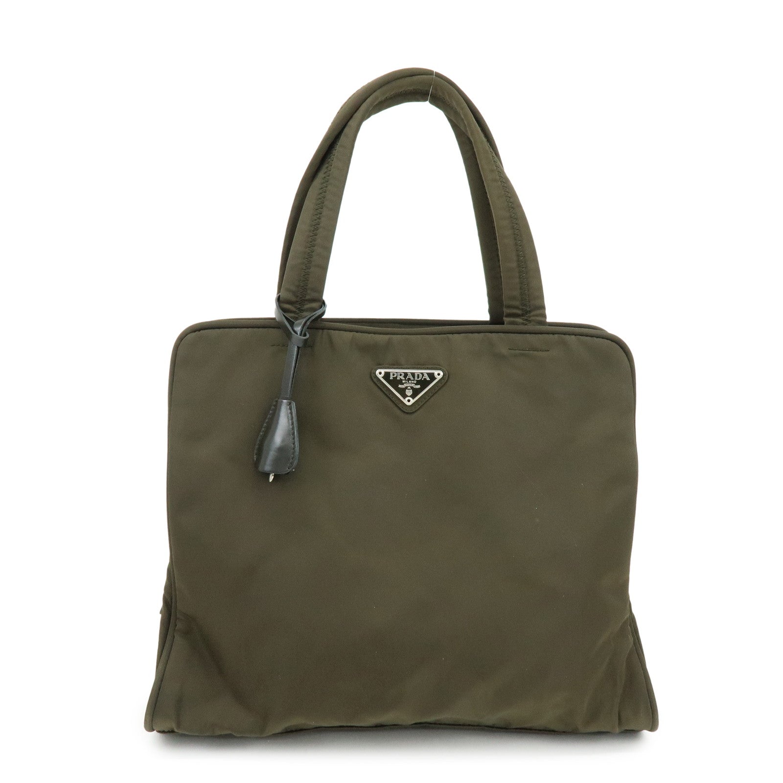 PRADA Triangle Logo Nylon Leather Tote Bag Hand Bag Khaki
