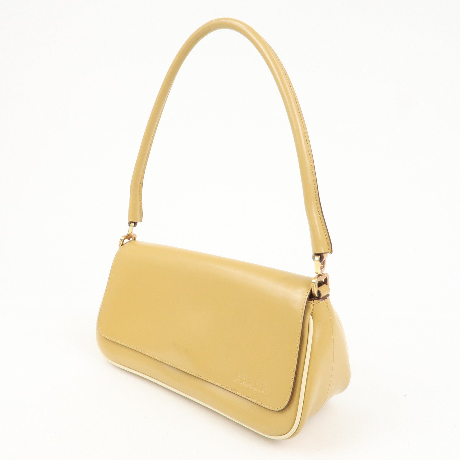 PRADA Logo Leather Shoulder Bag Hand Bag Beige
