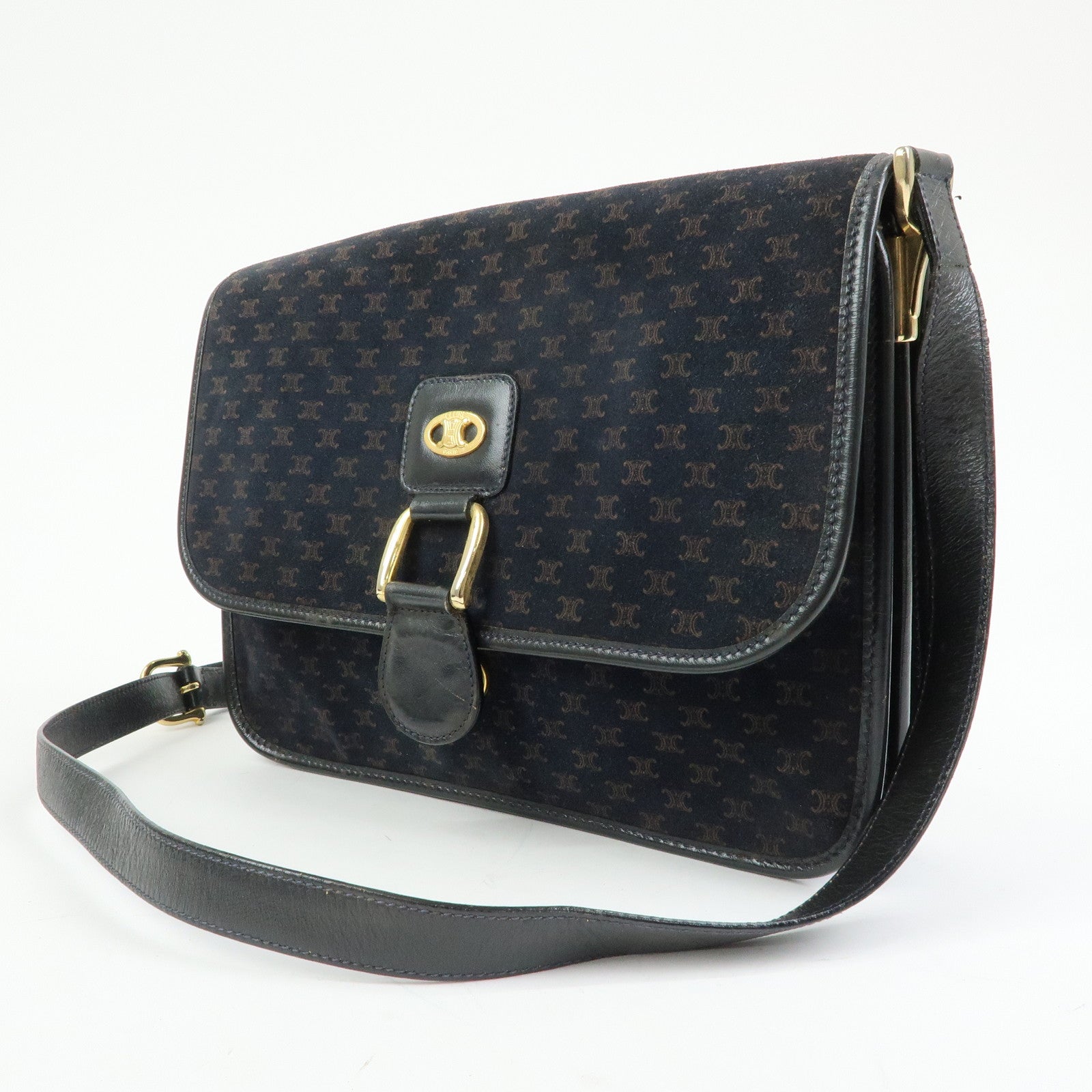 CELINE Macadam Suede Leather Shoulder Hand Bag Bag Navy