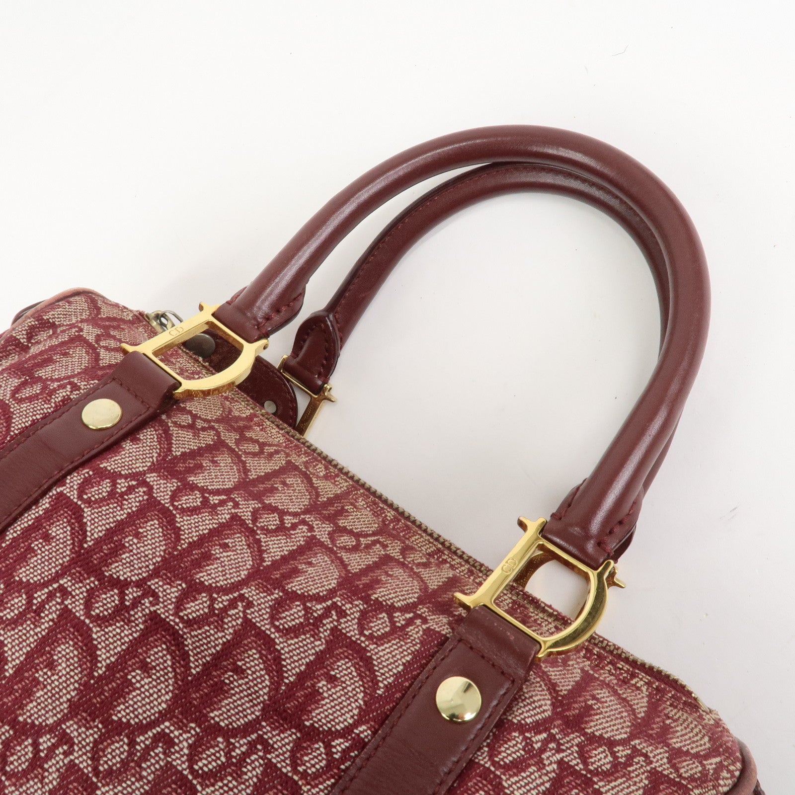 Christian Dior Trotter Jacguard Canvas Leather Boston Hand Bag Red