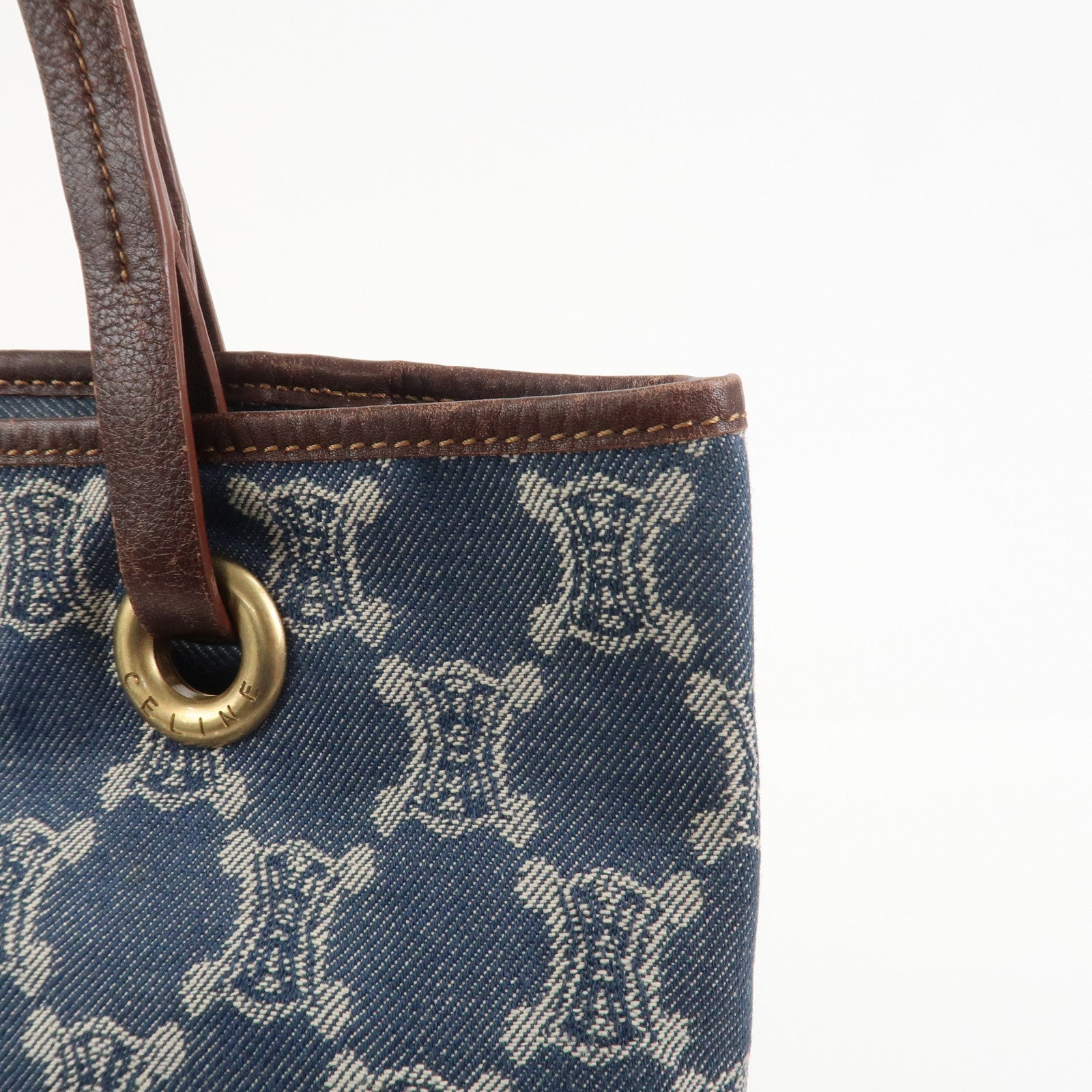 CELINE Macadam Denim Leather Tote Bag Shoulder Bag Blue Brown
