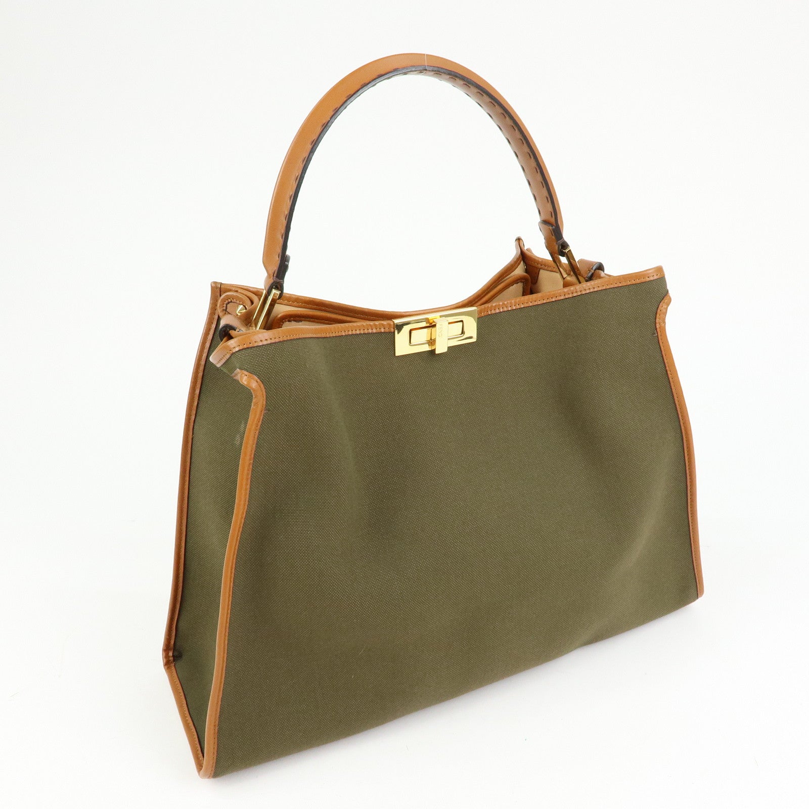 FENDI Peekaoo Canvas Leather Hand Bag Khaki Brown 8BN304