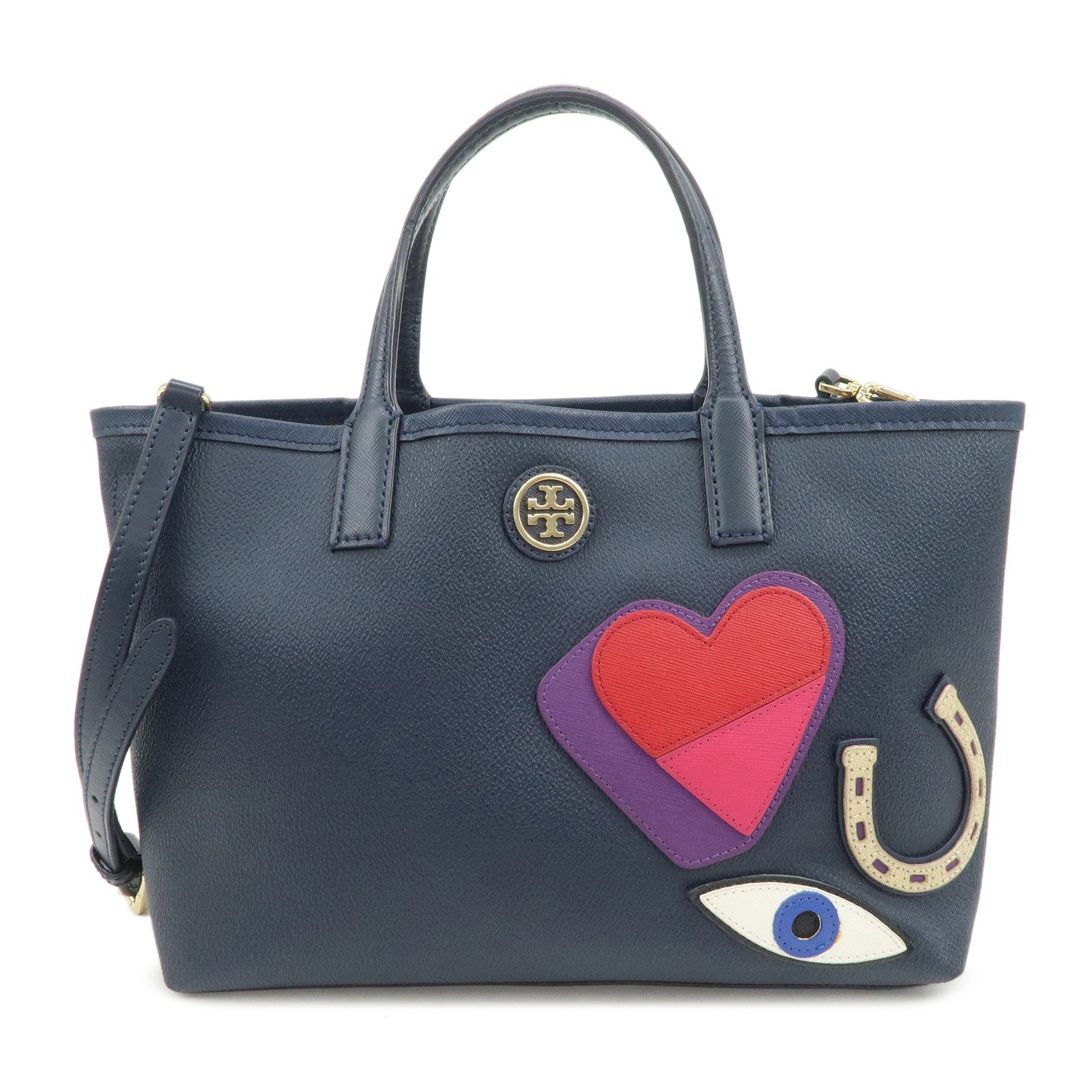 TORY BURCH Leather Tote Bag Hand Bag Navy