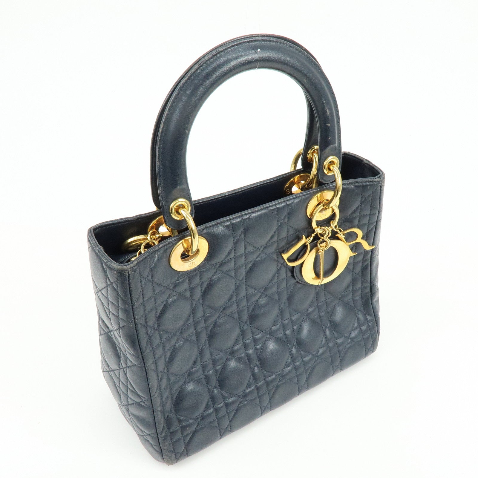 Christian Dior Lady Dior Cannage Leather Hand Bag Navy