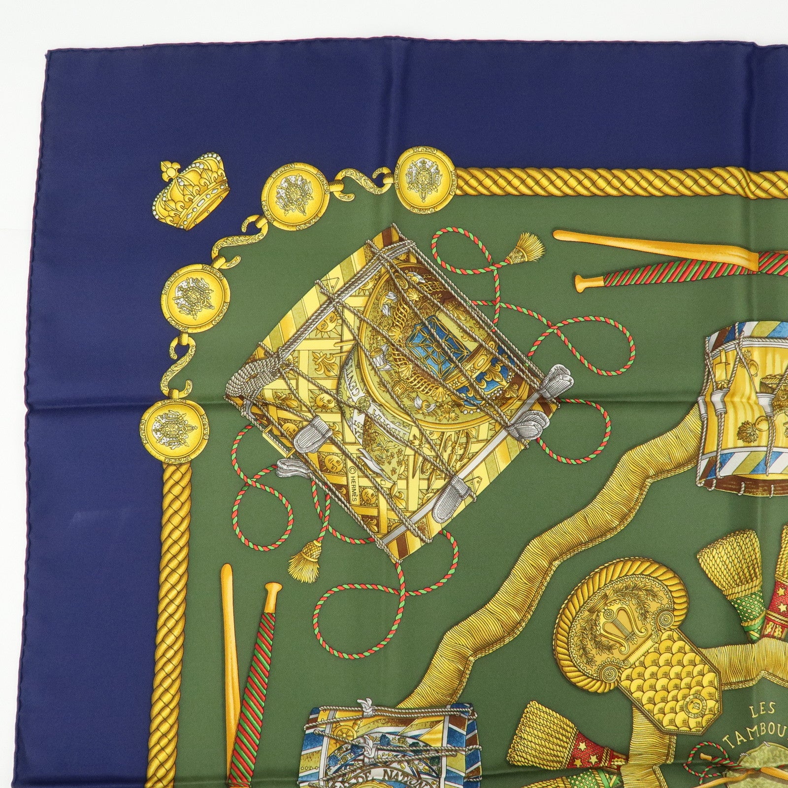 HERMES Carre 90 Silk 100% Scarf  LES TAMBOURS Khaki Navy Gold