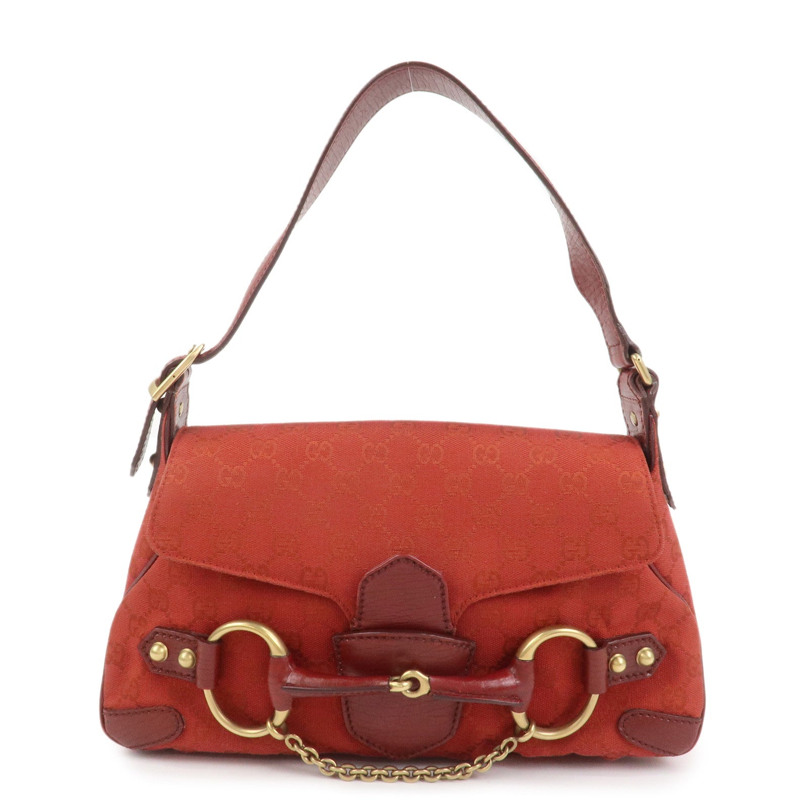 GUCCI Horsebit GG Monogram Canvas Leather Hand Bag Red