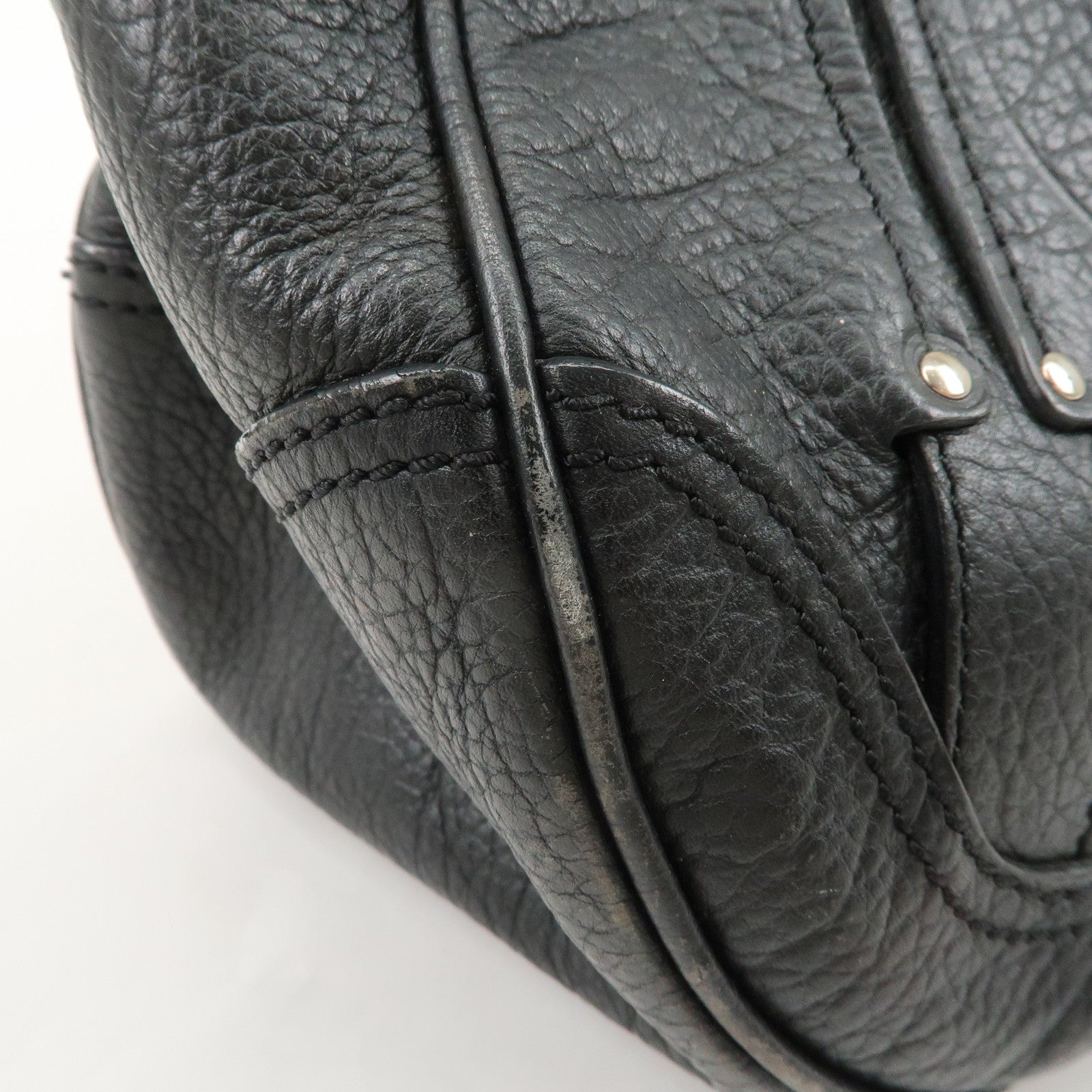CELINE Leather Boston Bag Hand Bag Black Silver Hardware Used