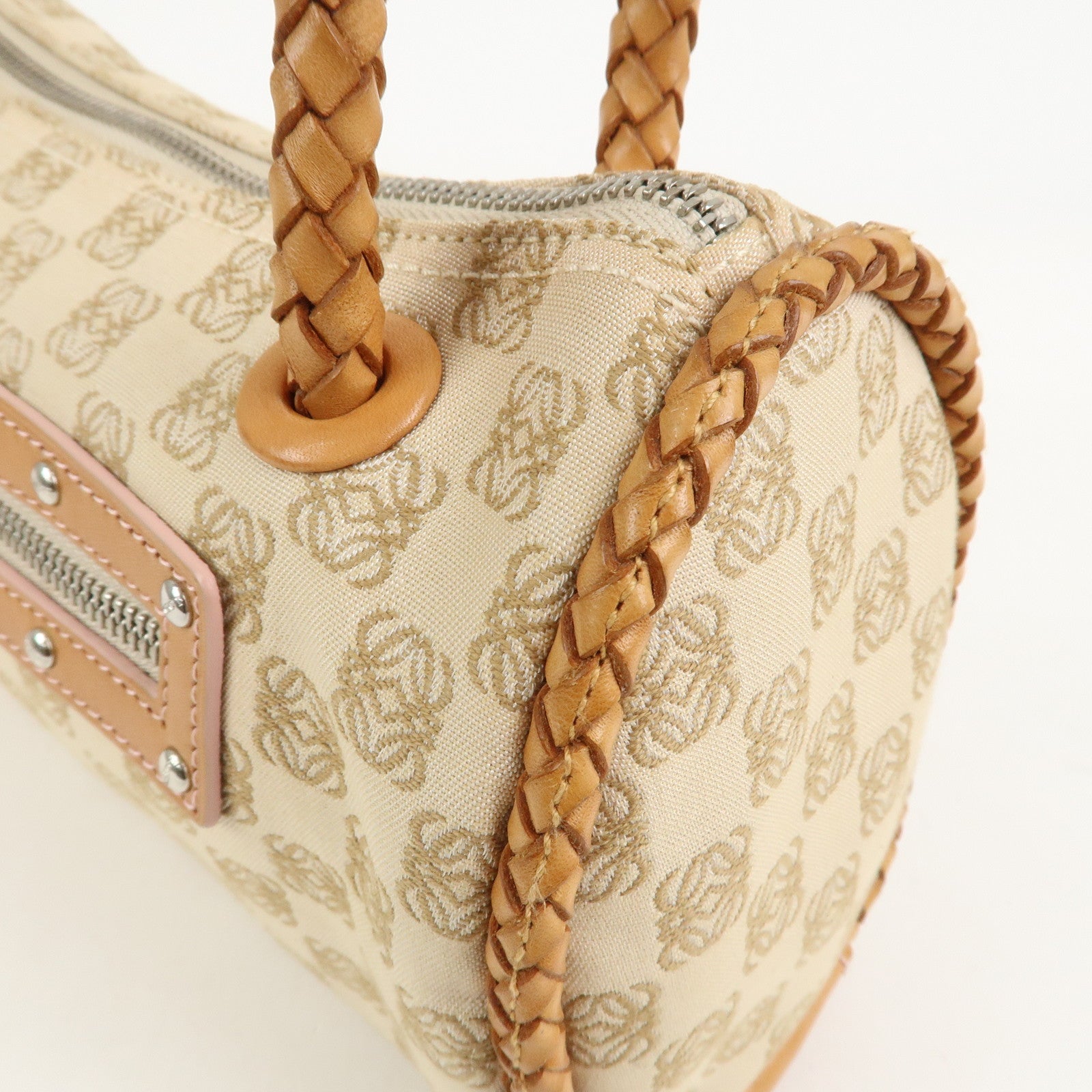 LOEWE Anagram Logo Canvas Shoulder Bag Leather Beige Light Brown