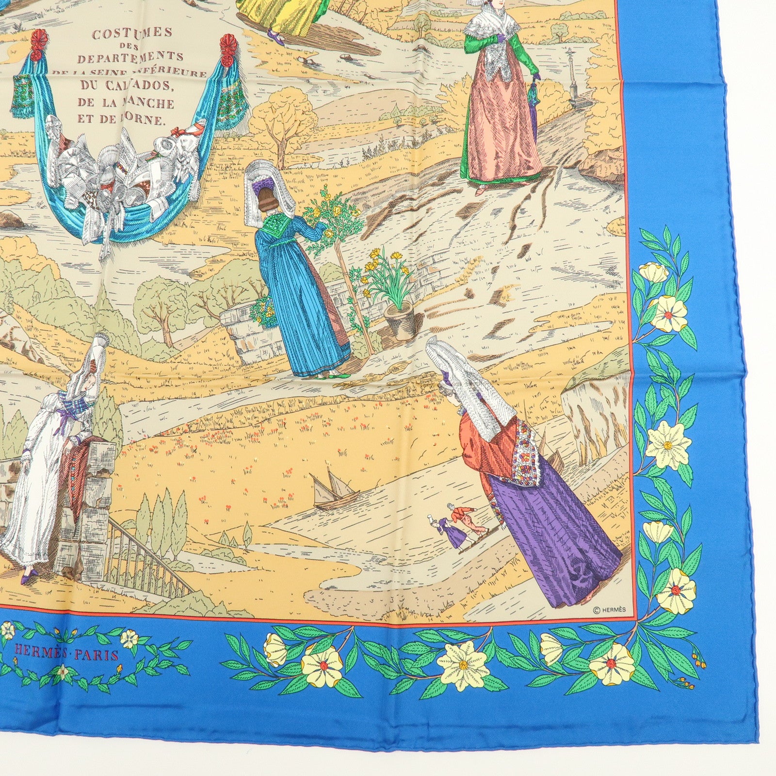 HERMES Carre 90 Silk 100% Scarf COSTUMES DES DEPARTEMENTS Blue