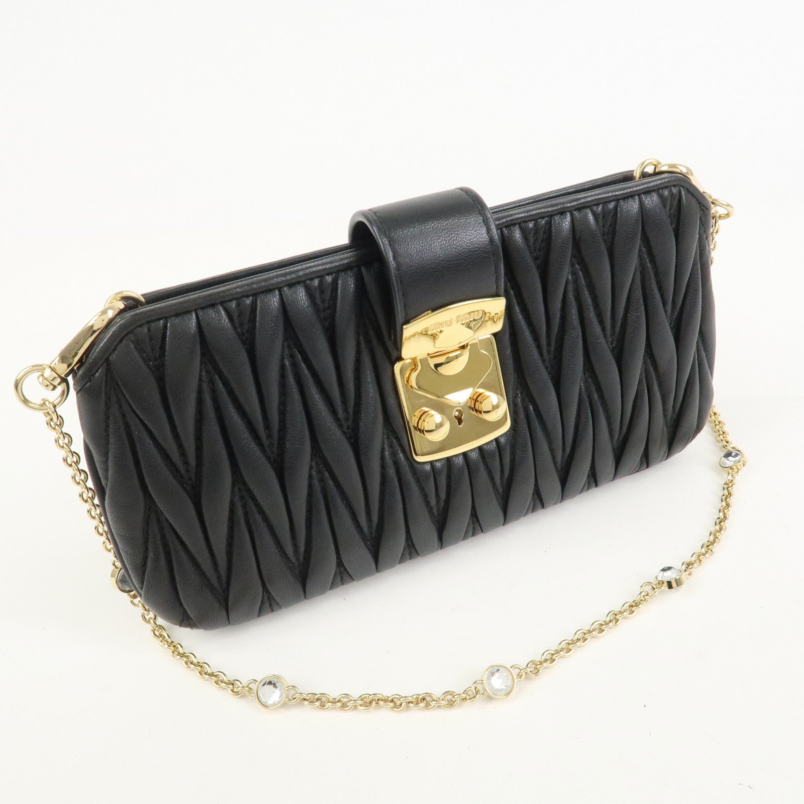 MIU MIU Matelasse Nappa Leather Chain Shoulder Bag Phone Case Black