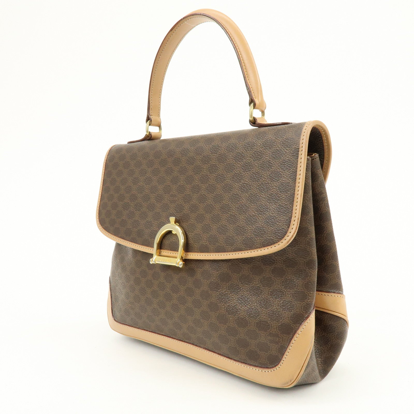 CELINE Macadam PVC Leather Hand Bag Brown Beige